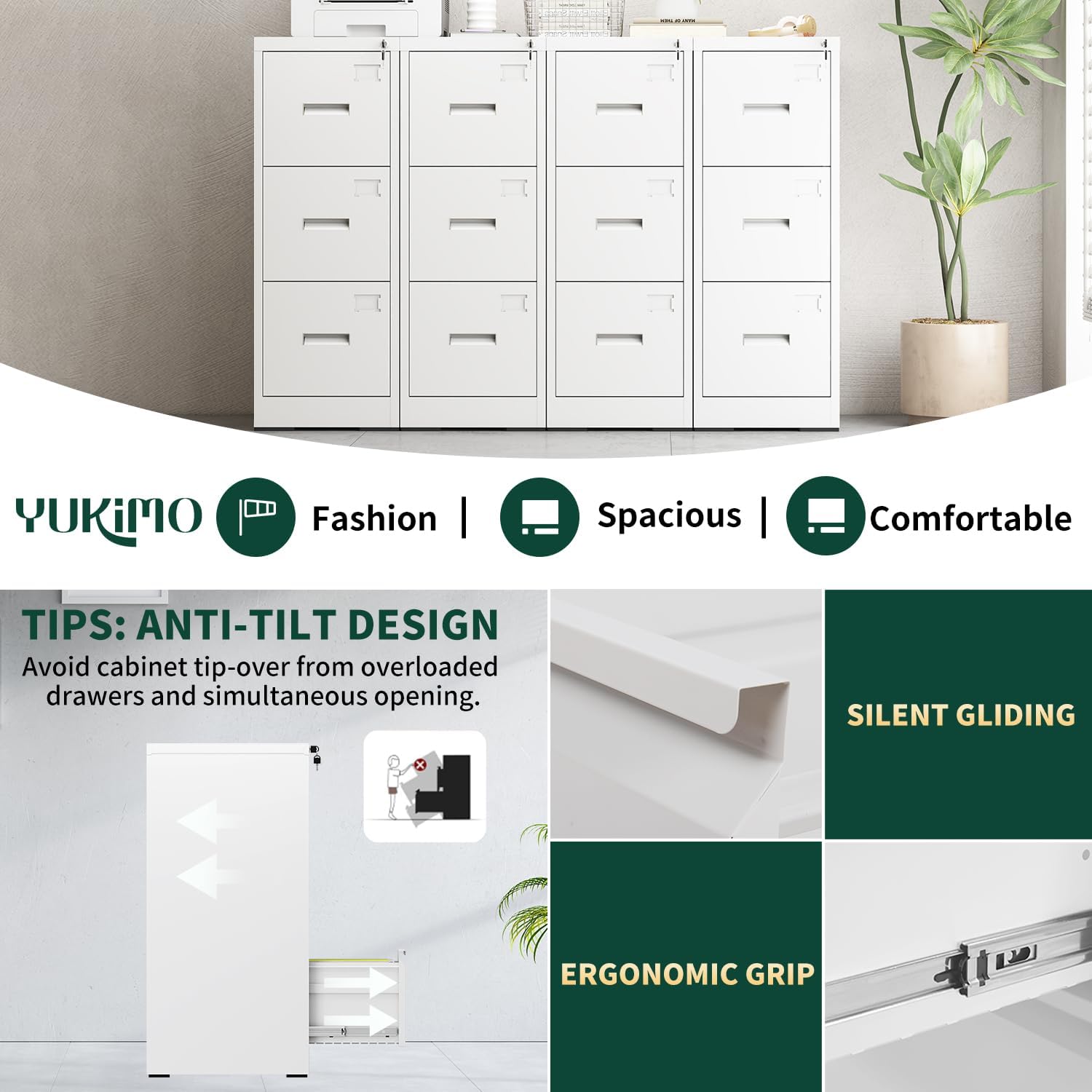 3 Drawer File Cabinet with Lock, Vertical Filing Cabinets for Home Office, Metal Locking File Cabinet Hanging Files for A4/ Legal/Letter Size, Require Assembly, White