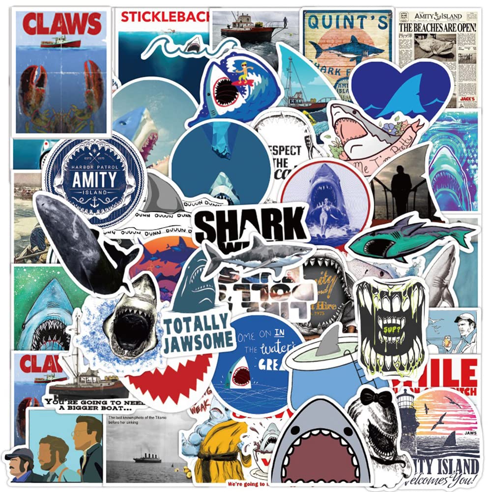Shark Stickers | 50 Pcs Great White Shark Waterproof Vinyl Decals for Water Bottles Bicycle Laptop Refrigerator Luggage Computer Mobile Phone