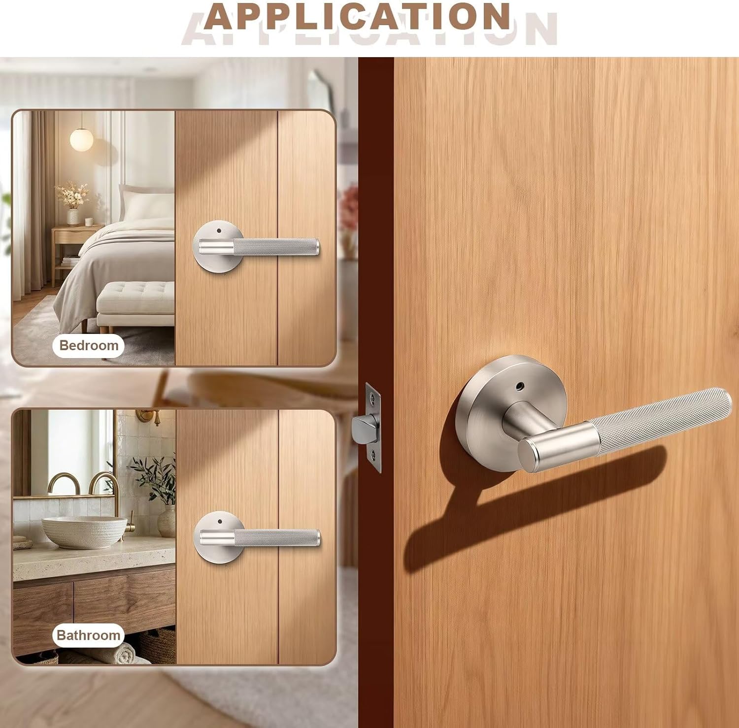 Brushed Nickel Door Handles Interior with Lock, 4 Pack Satin Nickel Keyless Privacy Door Lever, Sliver Knurled Reversible Handle for Bed and Bath