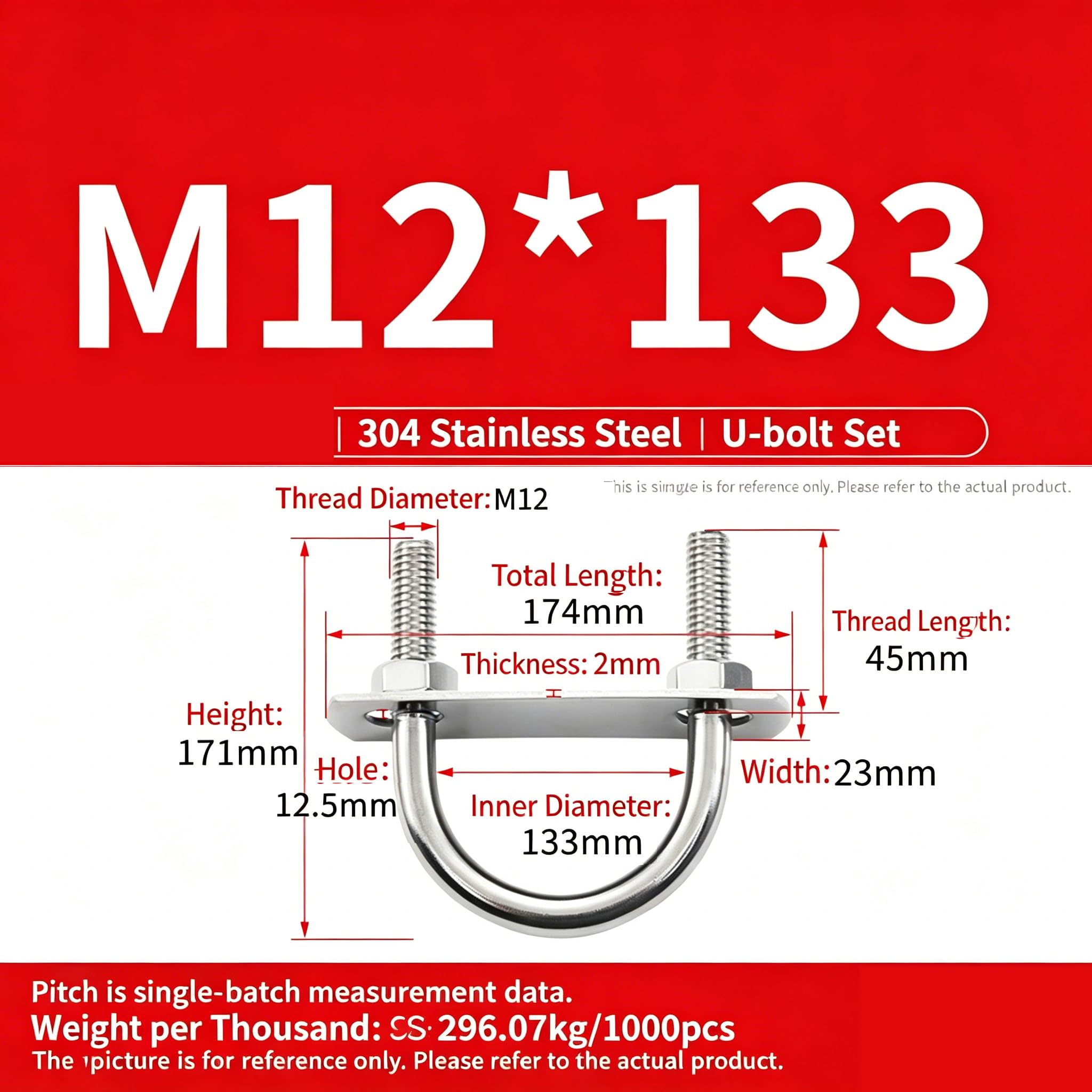 M12 171 x 133 cm - Perno en U de acero inoxidable 304 con contraplaca – Juego de tornillos de fijación incluye tuercas, arandelas para fijación de vallas, tubos, 4 unidades