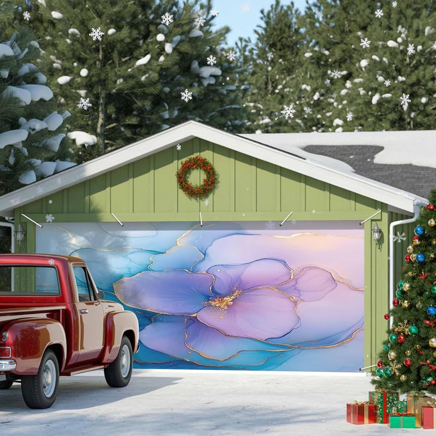 Garage Door Cover Banner 7x8 Ft, Blue Purple Pink Floral Marble Garage Door Decorations for Christmas/Thanksgiving, Contemporary Abstract Art Large Hanging Backdrop Covers for Outdoor Holiday