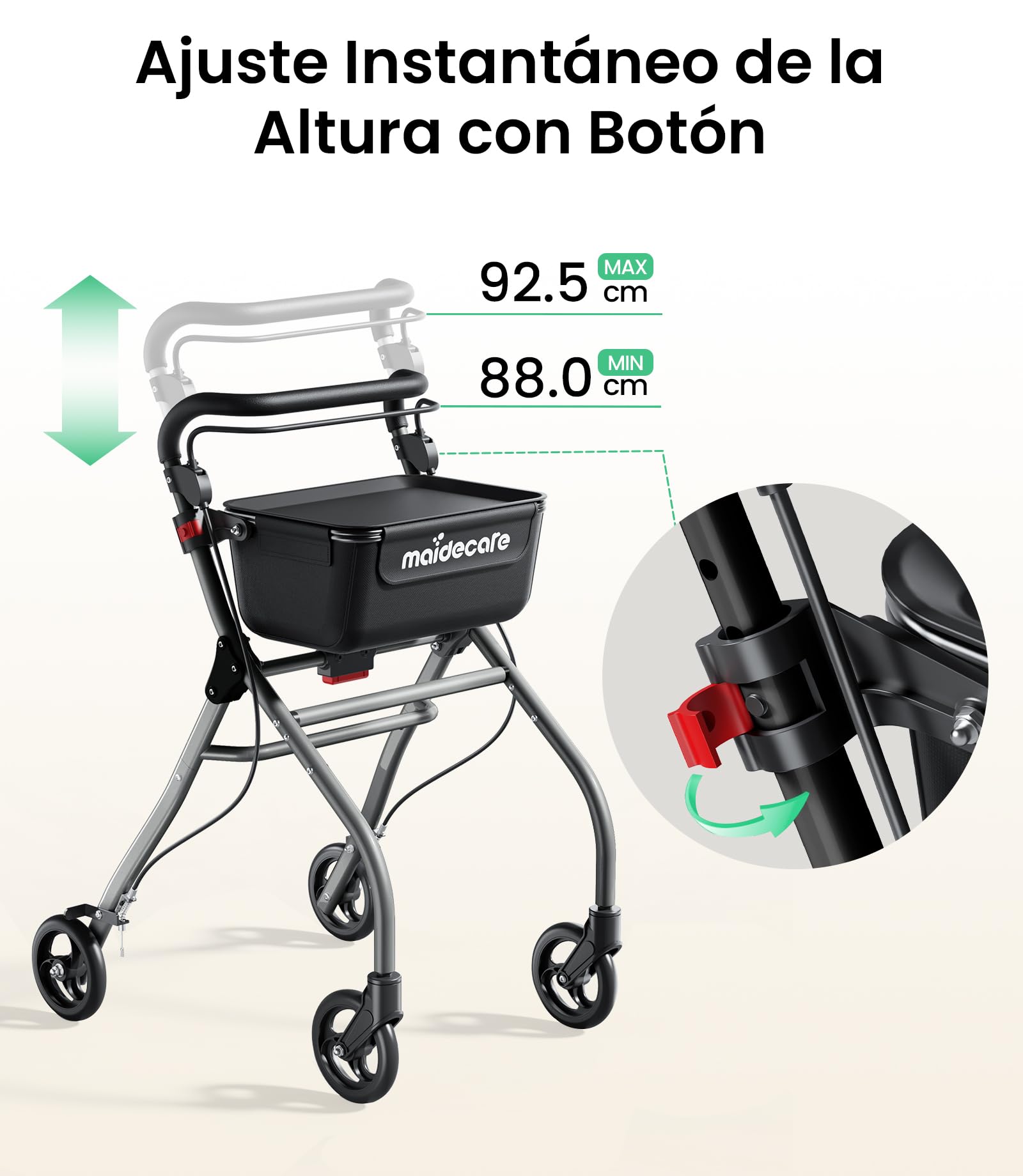 Andador para Ancianos, Andador Plegable con Asiento para Personas Mayores, Estrecho para Apartamento, Modelo de Interior Plegable y Ligero con Bandeja y Bolsa de Tela, 4 ruedas, Aluminio, Plata