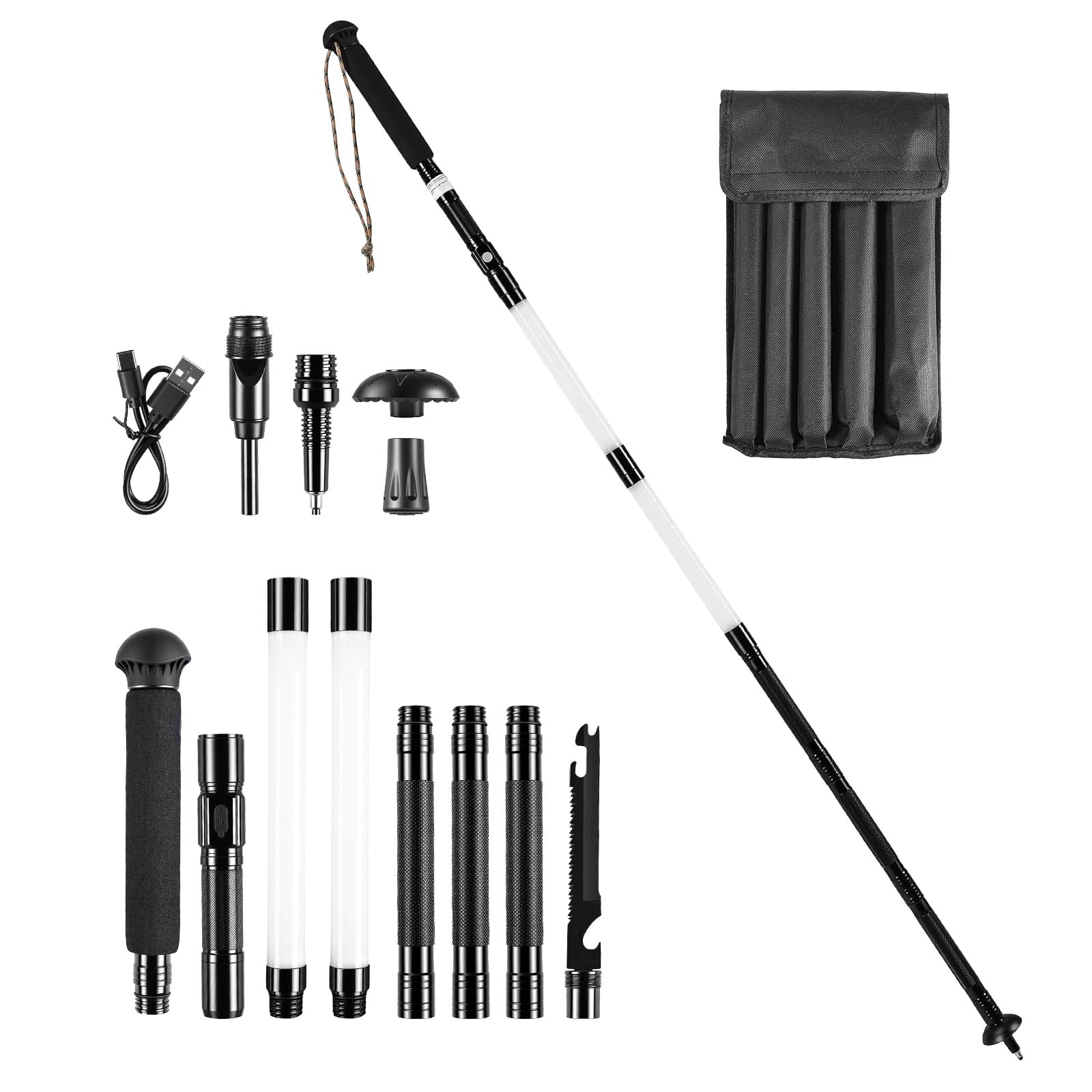 Bâtons de randonnée 12-en-1, Bâtons de Survie multifonctionnels avec poignée en Aluminium Ajustable, Idéal pour la randonnée, Le Camping et l'alpinisme. Cadeau Parfait pour Homme