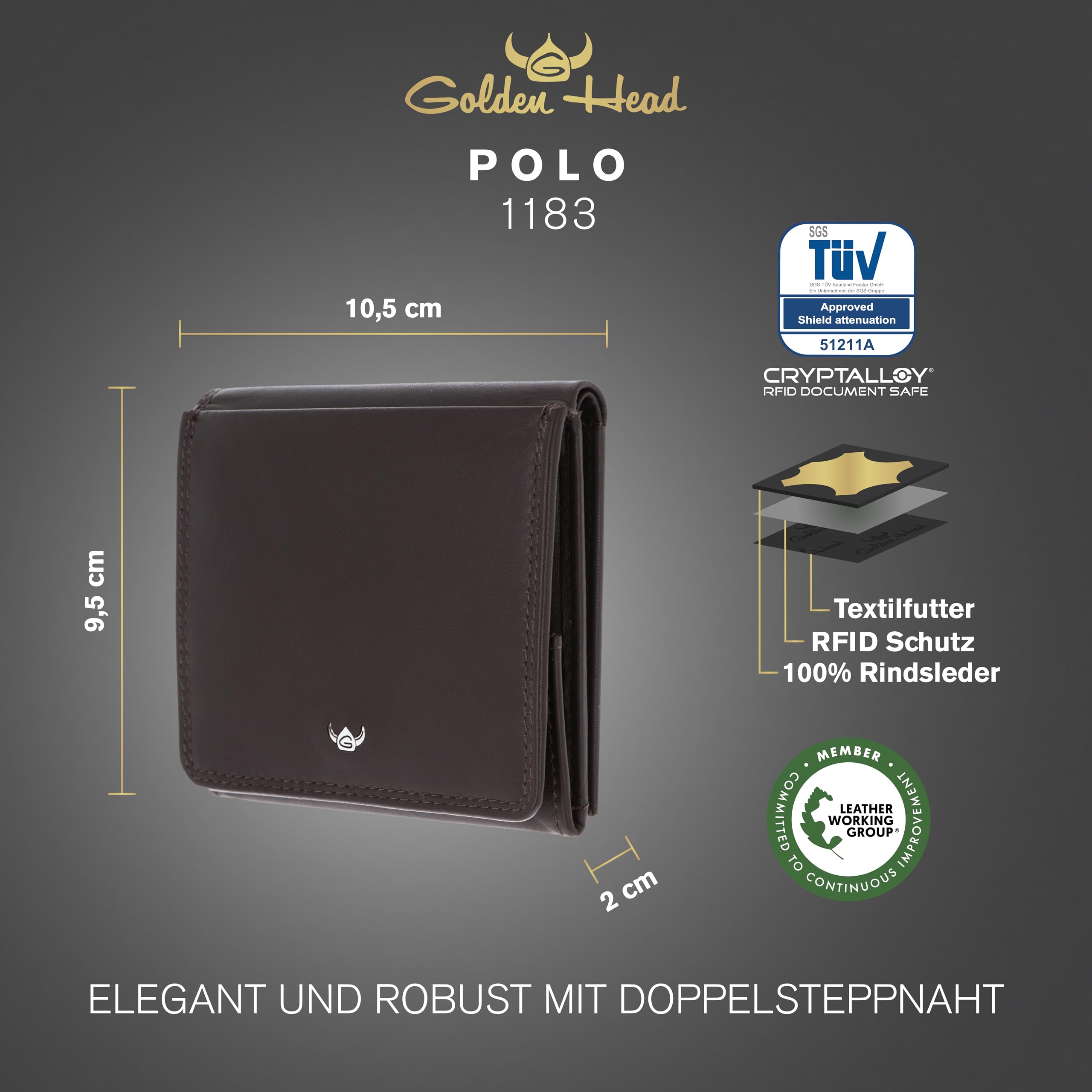Golden Head Leder Geldbörse Polo RFID Protect Wiener Schachtel 1183 Dunkelbraun
