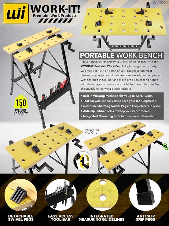 Work-It! Portable Workbench, Folding Carpenter Saw Table with Adjustable Clamps - Easy to Transport with Heavy-Duty Steel Frame, 150 Lbs Capacity