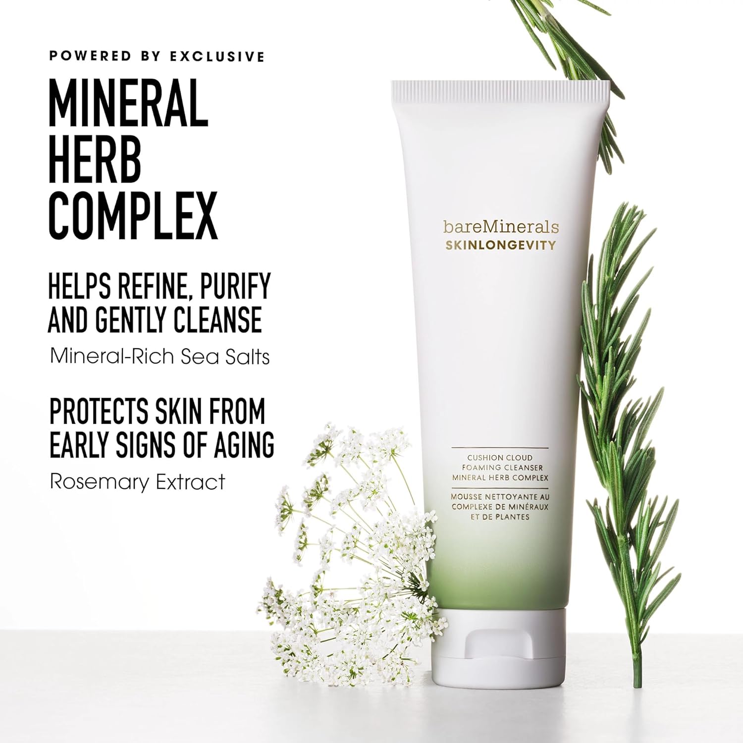 bareMinerals Skinlongevity Face Cleanser, Cream-to-Foam Cleanser with Mineral Herb Complex, Removes Makeup & Sunscreen, Strengthens Skin Barrier, Purifies Without Stripping, Gentle for All Skin Types - Image 3