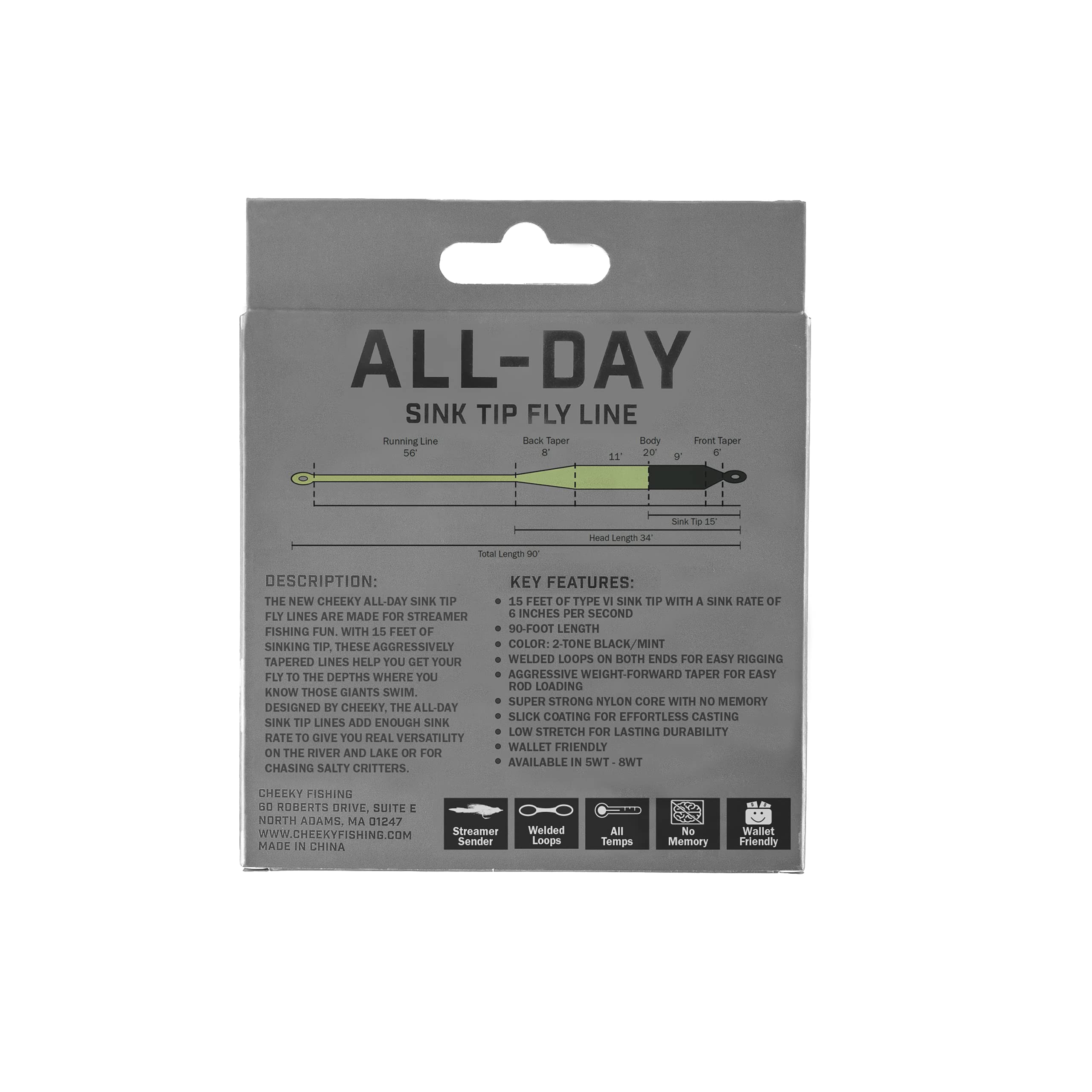 Cheeky Fishing All-Day Weight Forward Sink Tip Fly Line, Black/Mint, 5 WT