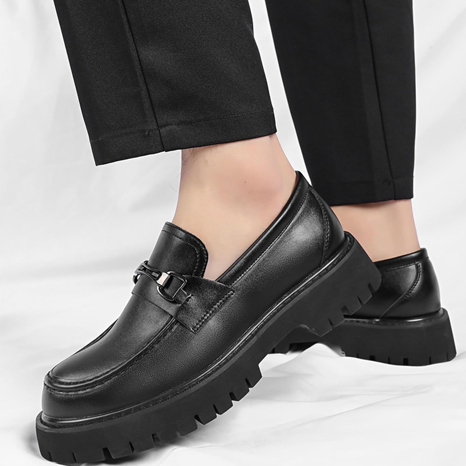 Men's Patent Leather Chunky Loafers Fashion Metal Buckle Slip-On Platform Dress Shoes Lug Sole Casual Business Work Shoes