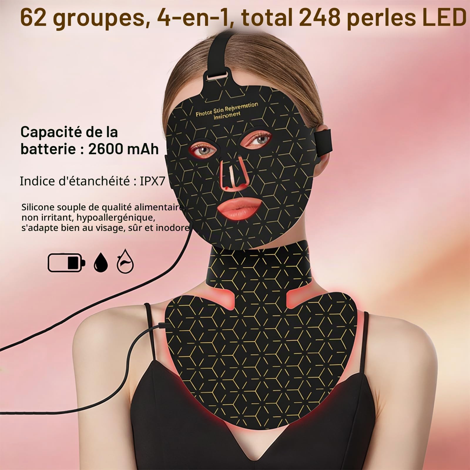 Masque LED Visage & Cou 8 Couleurs – Lumière Rouge 630nm & Infrarouge 850nm, 248 LEDs, Télécommande Sans Fil, Minuteur Auto, Batterie 2600mAh – Appareil Beauté Maison