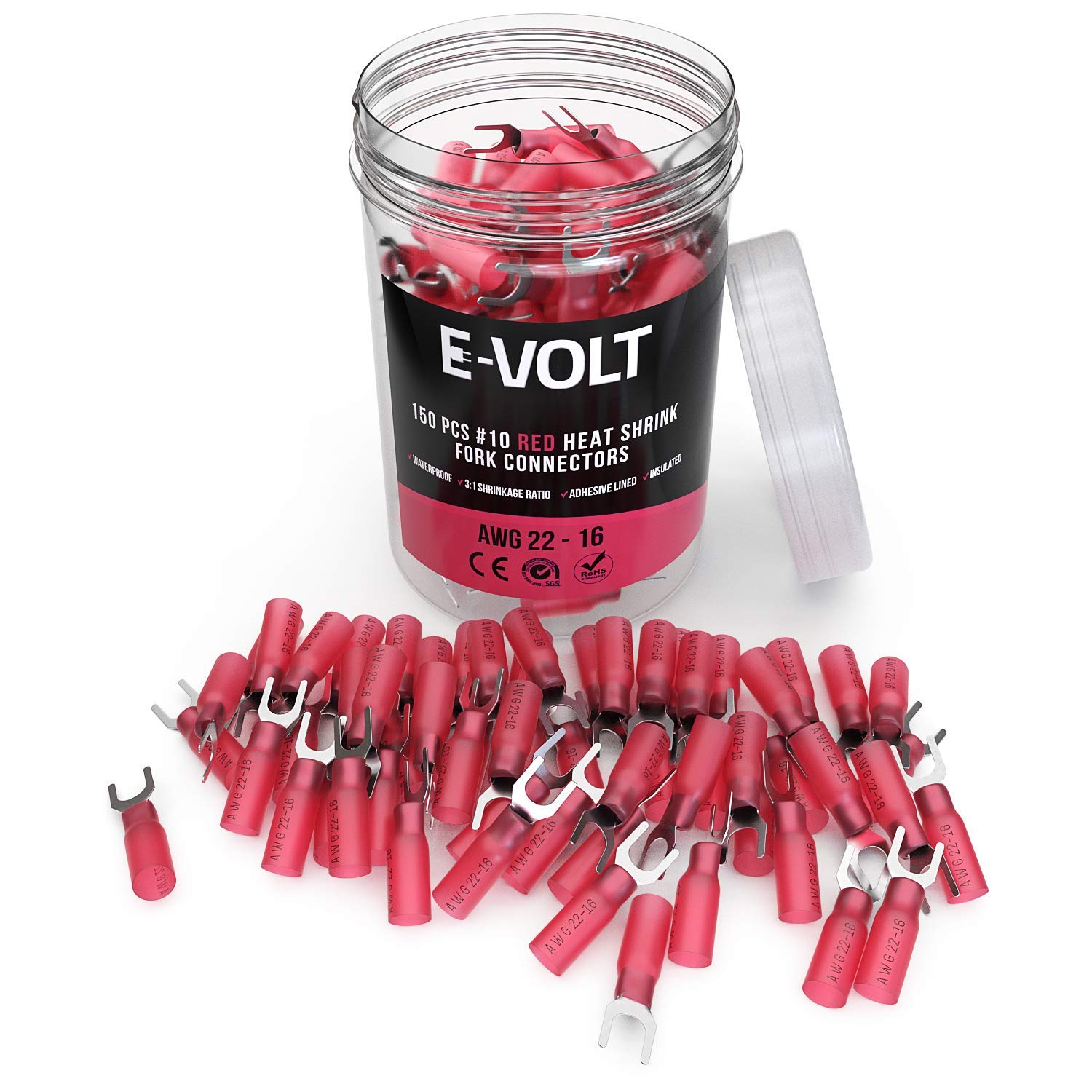 E-VOLT 150 Fork Crimp Connectors – 3:1 Adhesive Heat Shrink Red Crimp Terminals for 22 20 18 16 Gauge Wires – Industrial Grade Insulated Wire Crimps for Marine, Automotive and Audio Use