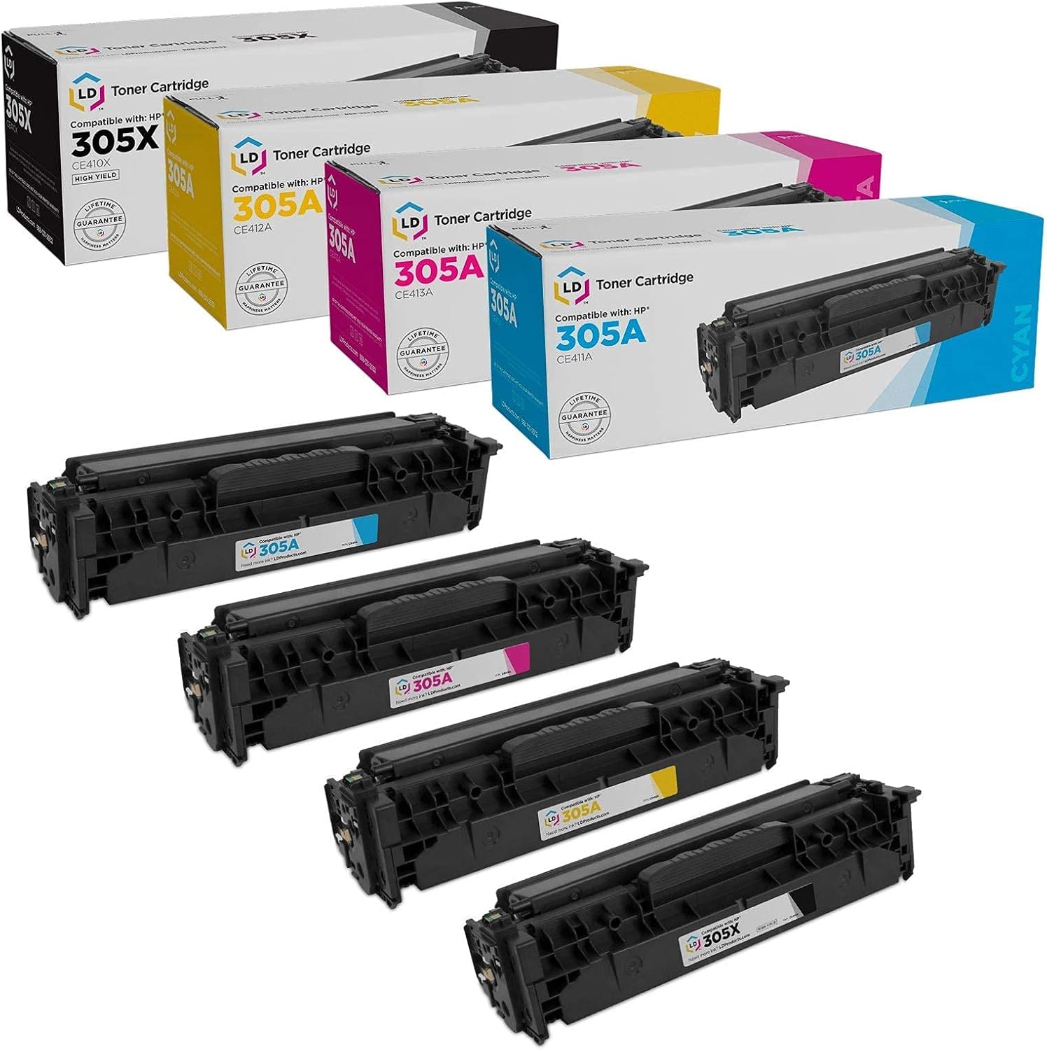 LD Products Remanufactured Toner Cartridge Replacement for (4-Pack, CE410X Black, CE411A Cyan, CE413A Magenta, CE412A Yellow) HP 305A & 305X High Yield Compatible with HP LaserJet 400