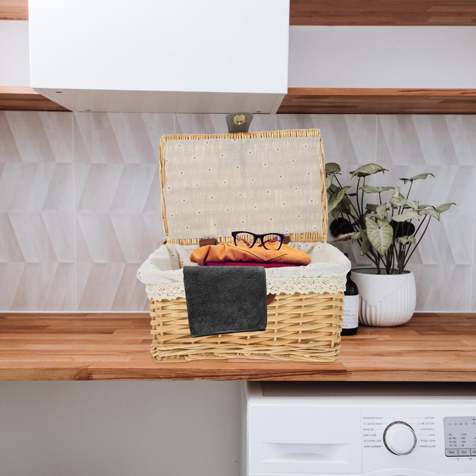 Panier d'Accueil en Coton et Lin avec Couvercle en Osier pour Magazines et Vêtements, Style Ferme, Idéal pour Bureau et Cuisine
