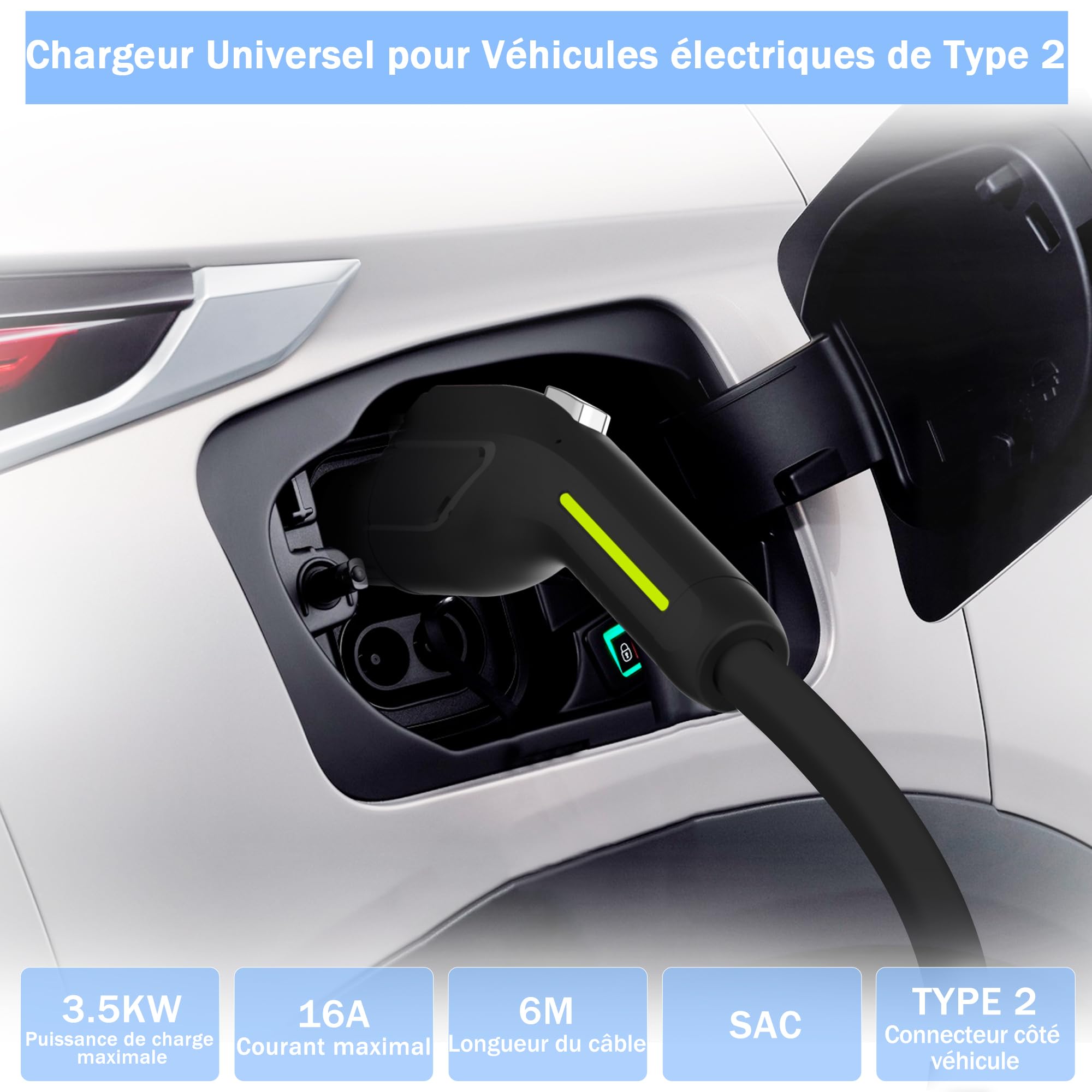 AWESAFE Chargeur Voiture Electrique [ 3,68 KW, 16A, 6m ] Courant Réglable 6-8-10-13-16A Prise Schuko avec Sac/Câble de Charge Type 2, Compatible avec E-208, Zoe, Spring, 500e, Model 3&Y et Autres BEV/