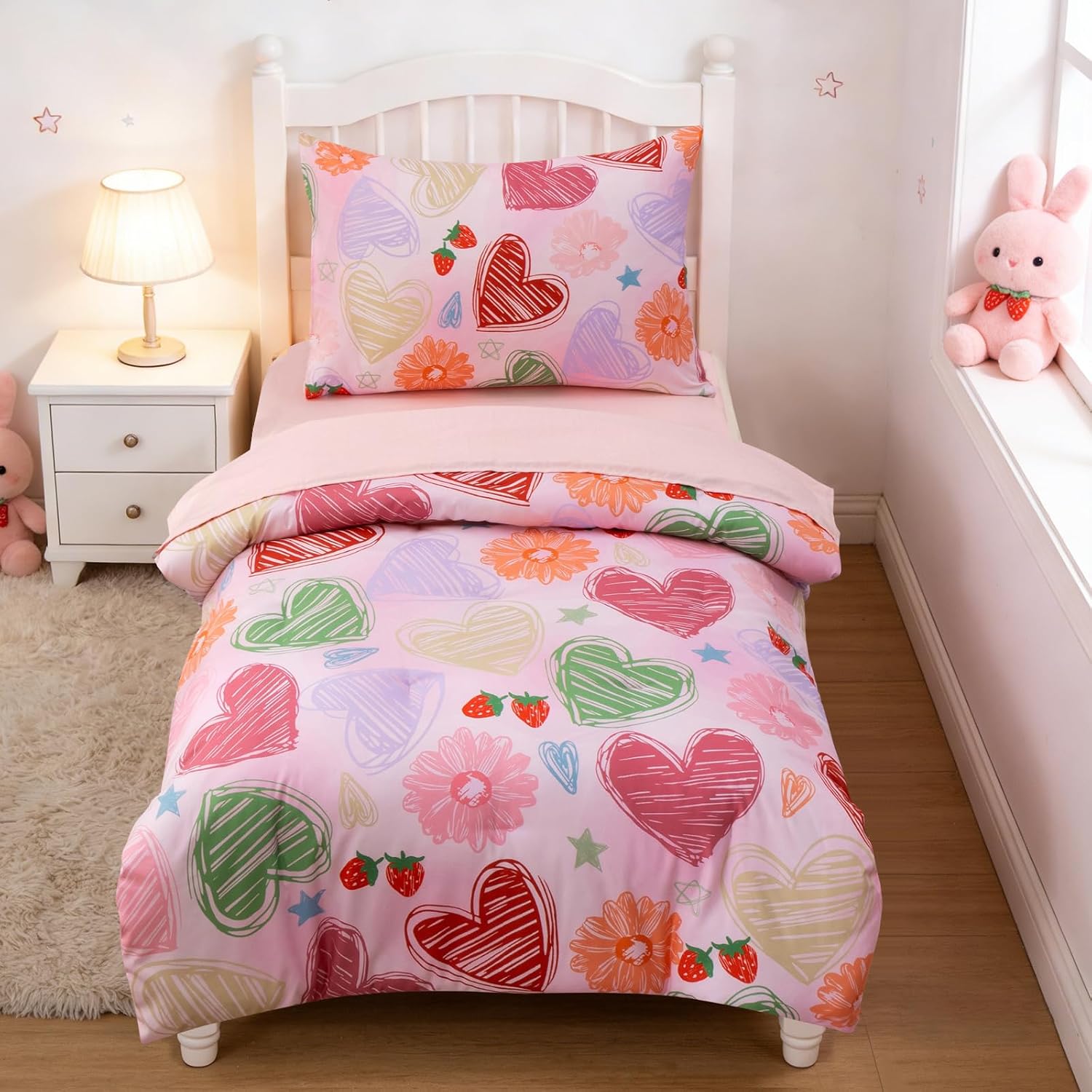 Btargot 4 Pieces Ultra Soft Toddler Hearts Bedding Set, Cartoon Strawberry Flowers Star Pattern Comforter Sets for Kids Bedroom Decor, Light Pink
