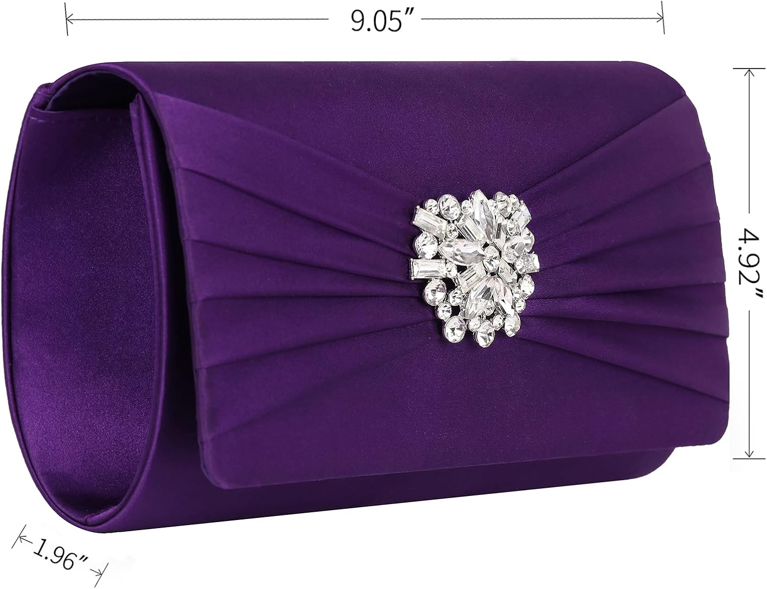 Evening Bags For Women Pleated Satin Rhinestone Brooch Prom Clutch Purse With Detachable Chain Strap - Image 2