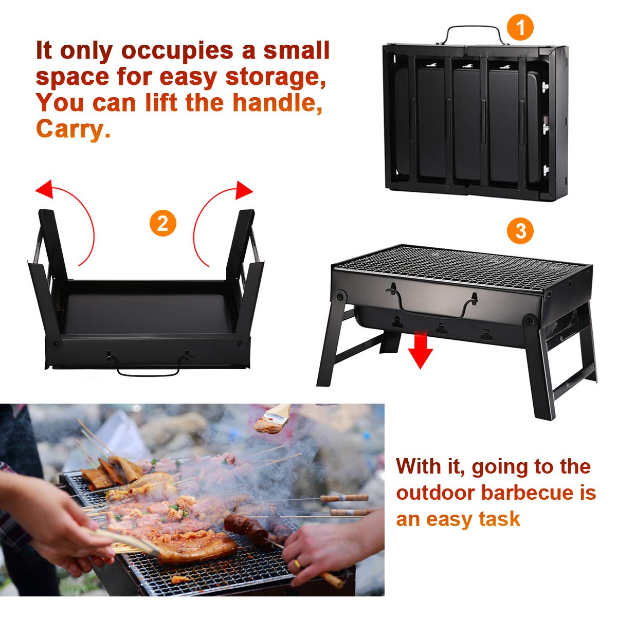 ele ELEOPTION BBQ Grill Tragbarer Gefalteter Holzkohlegrill für 2-4 Personen, 13,8 '' x 10,6 '' x 7,9 '', Campinggrill Kohlegrill für Picknick Garten Terrasse Reise Beach Barbecue