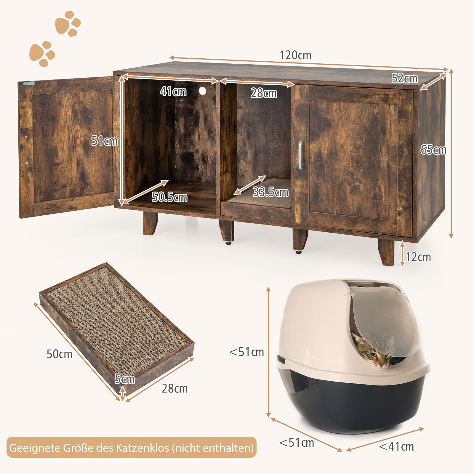 GOPLUS 3 in 1 Katzenschrank, Katzentoilette mit 2 Türen & abnehmbaren Beinen & herausnehmbarem Kratzbrett, Katzenhöhle Beistelltisch TV-Ständer für 2 Katzen, 120x52x65cm (Vintage)