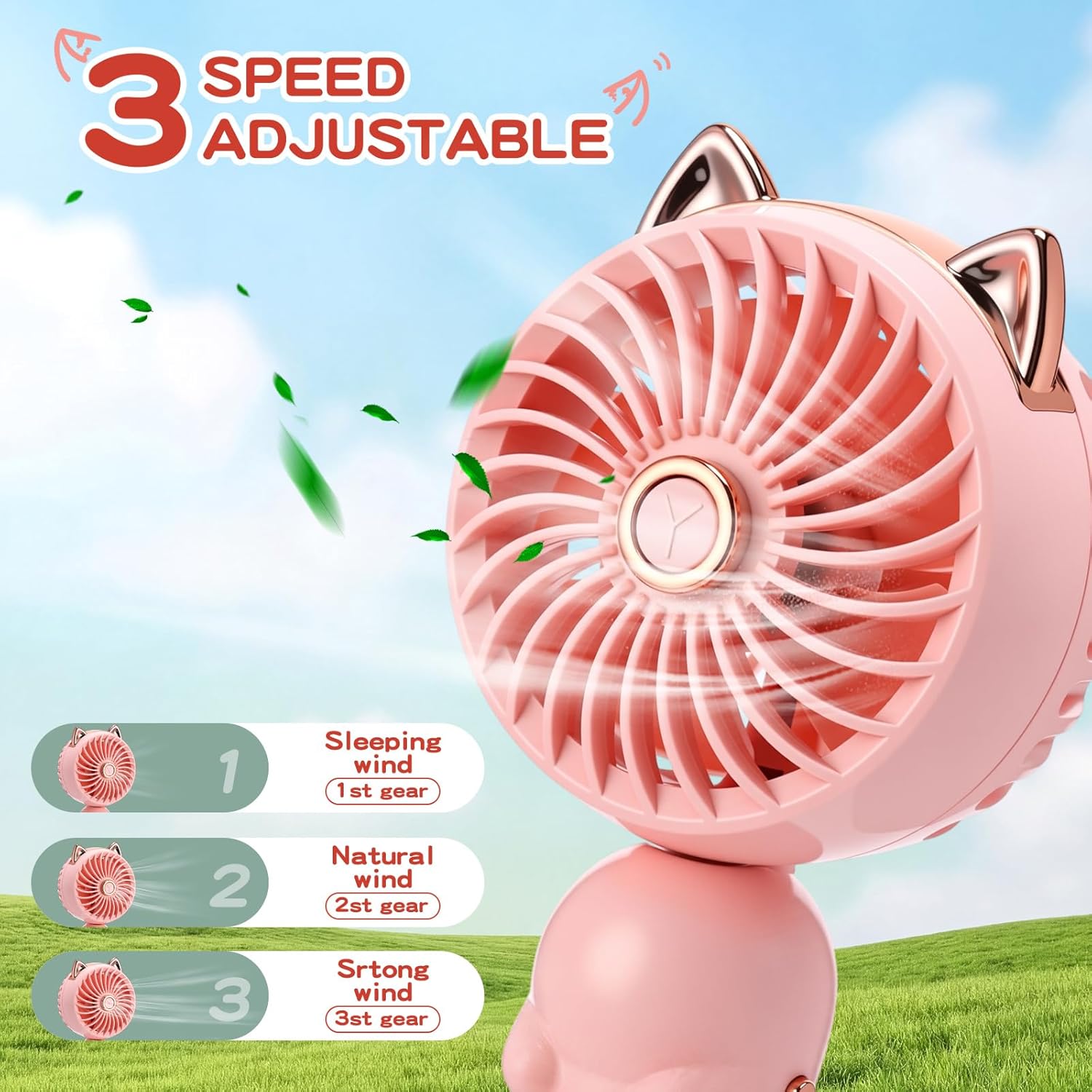 Glooglitter 4 Pcs Mini Handheld Fan Bulk, Pink USB Rechargeable Portable Personal Fan, 3 Speed Wind, 180° Adjustable Fold, Cute Cat Ears Design, for Women Girls Indoor Outdoor Travel Camping Supplies