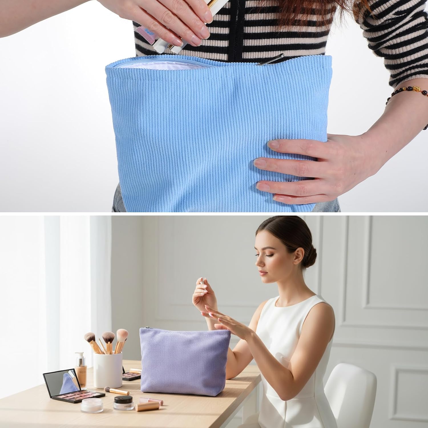 9 Pcs Corduroy Makeup Bags for Women Large Capacity Corduroy Pouch Zipper Canvas Travel Toiletry Purse Make up Organizer Case Accessoriesfor Purse Accessories Cosmetics Pouch, 9 Colors