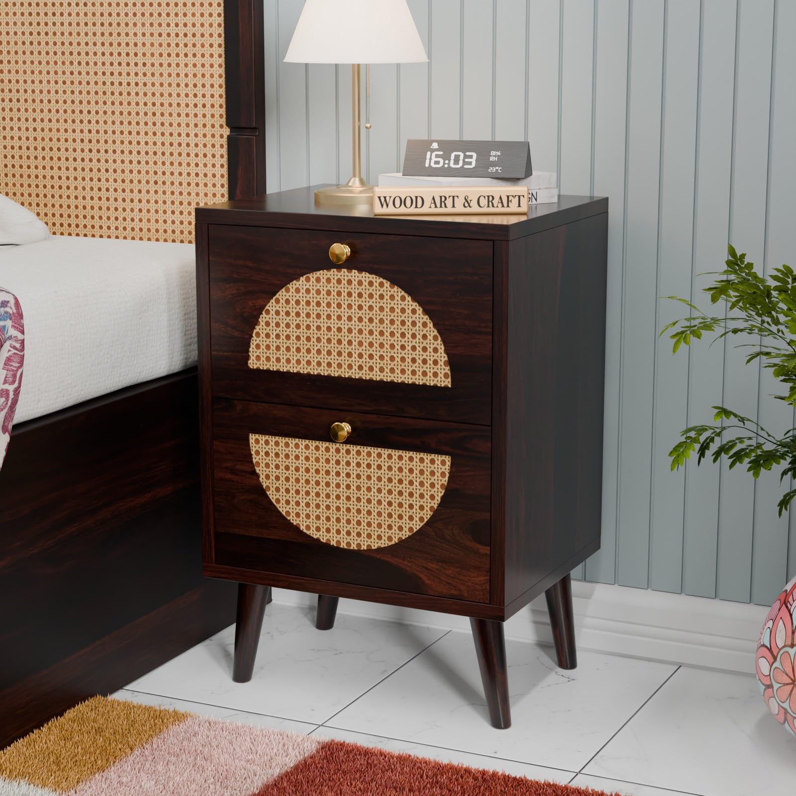 solid sheesham wood bedside table for bedroom, cane rattan drawer front nightstand with two drawers with woven cane circle and brass knobs, 41 x 33 x 58 cm, walnut finish