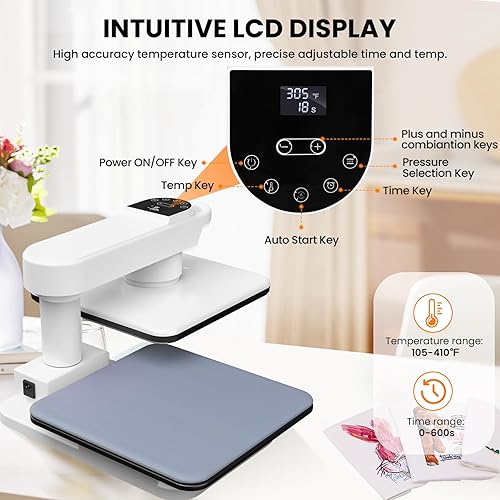 Miniatura 7 de Máquina giratoria de prensa de calor automática, prensa inteligente de camisetas de 15 x 15 pulgadas con liberación automática y presión automática