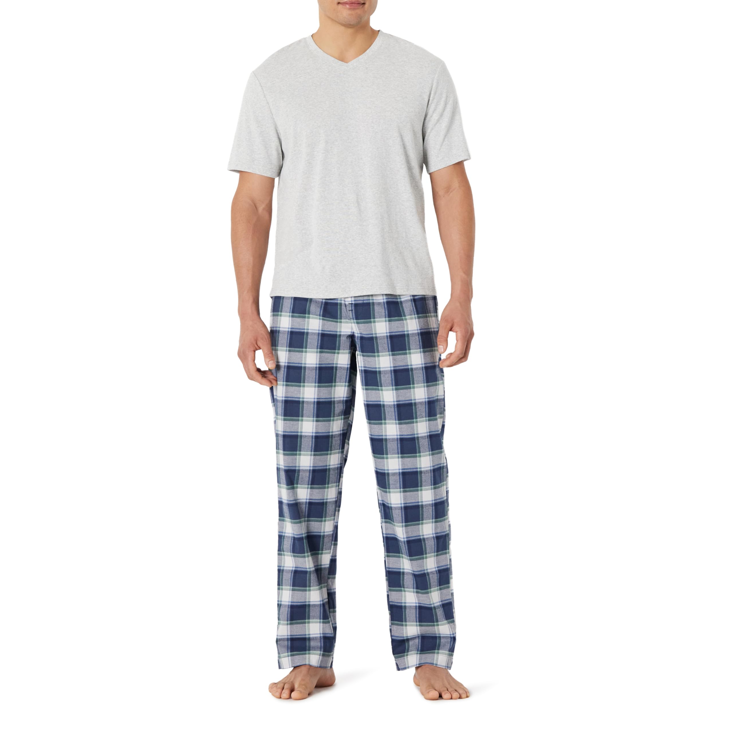 Amazon Essentials Herren Schlafanzug Hose aus Baumwollpopeline T-Shirt aus Baumwolljersey