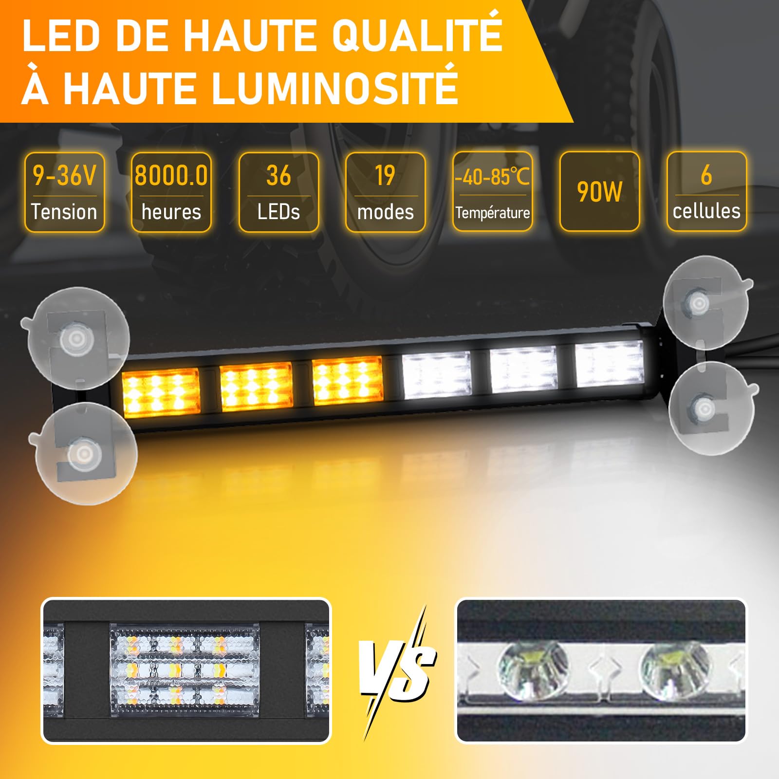 antom Sechs LED Barre Lumineuse Clignotante Stroboscopique 2 pièces, 36 LEDs, Lumière d'avertissement Orange + feu 19 Modes de Stroboscope Clignotant pour Voiture, Camion, Tracteur
