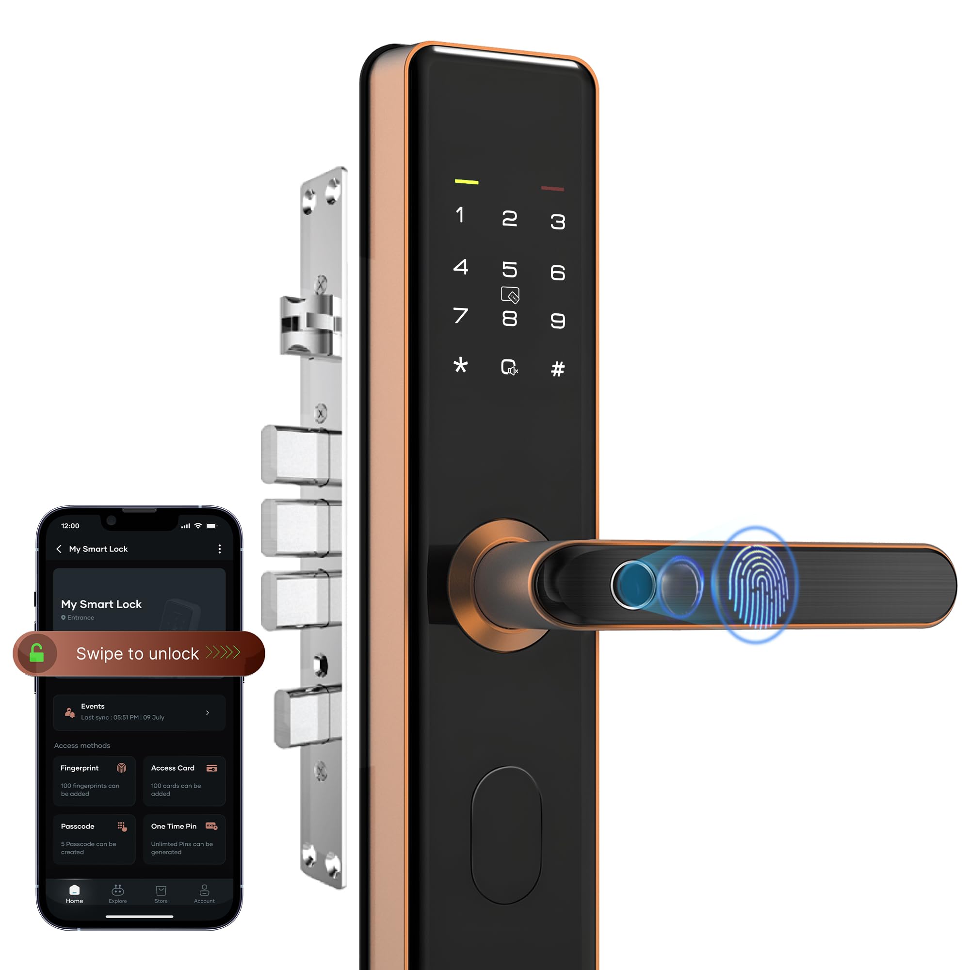 QUBO Smart Door Lock Select from Hero Group | 7-Way Unlocking | Fingerprint | OTP Remote Unlocking | PIN | RFID Card | Mobile App | Mechanical Key | 2 Year Brand Warranty | (Copper)