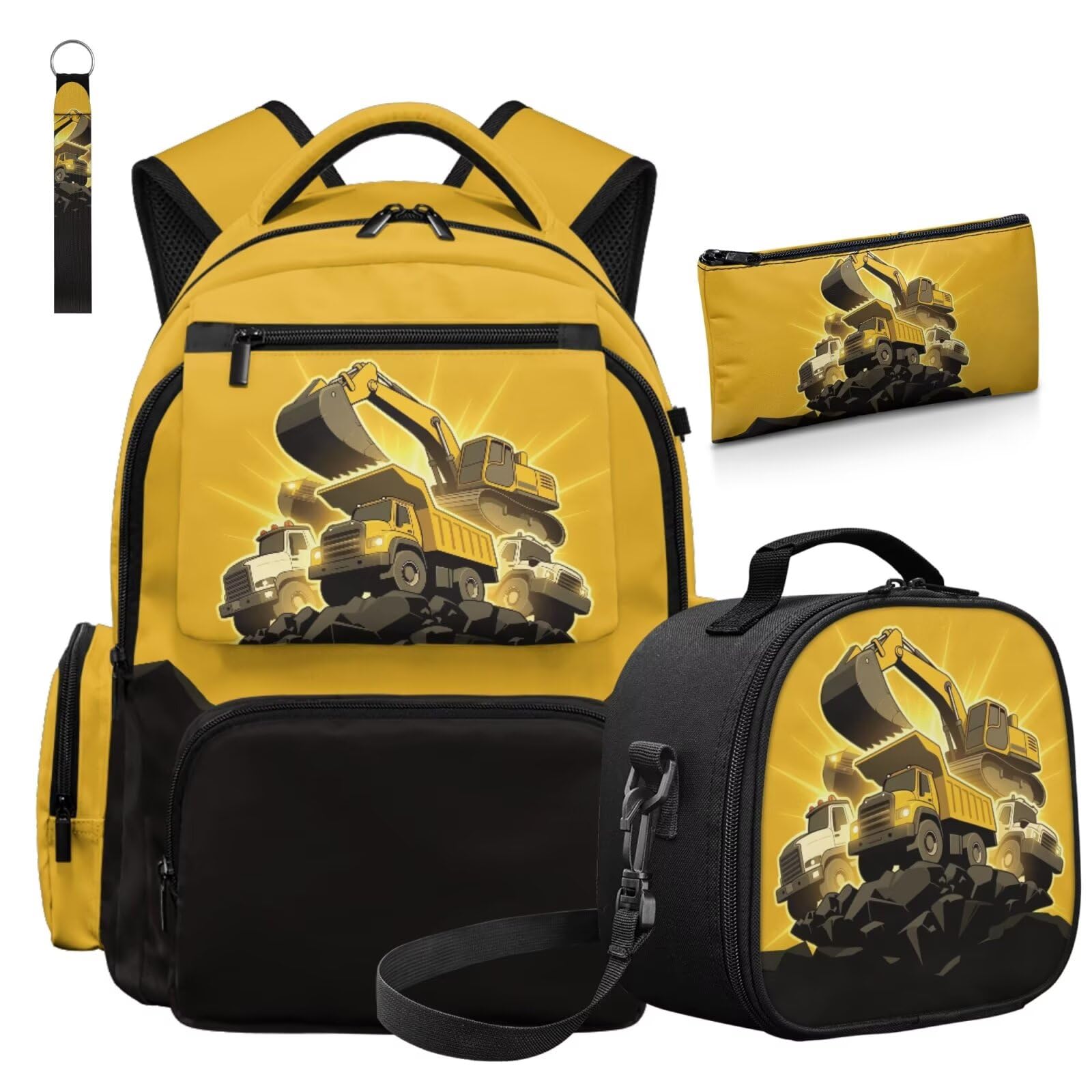 Dolyues Dinosaurier-Rucksack mit Lunchbox für Jungen, 4. Klasse, Schulanfang, Büchertasche für Grundschulkinder, Alter 8–10 Jahre, 4 Stück, Bagger, Tagesrucksack