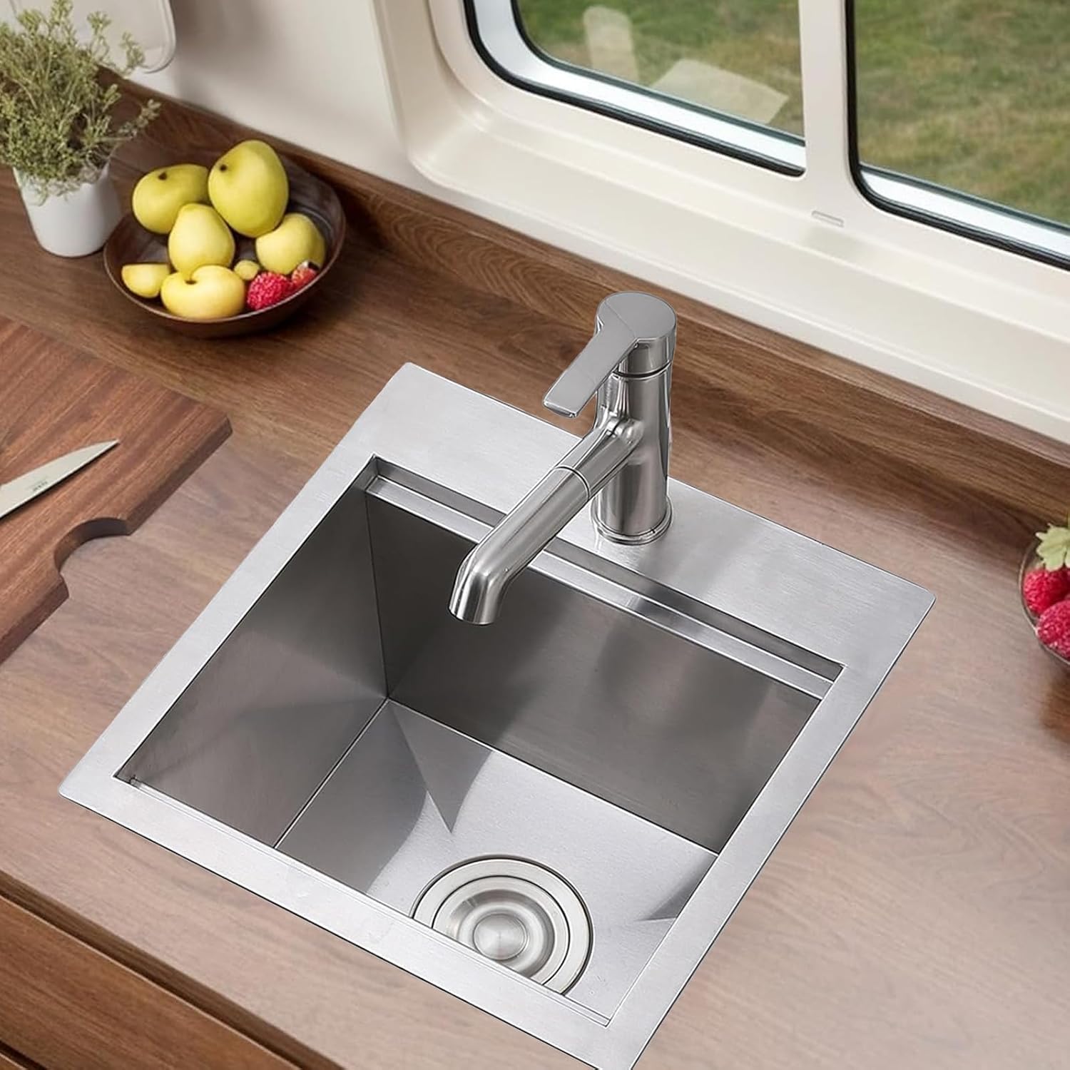 Friho Drop In Bar Sink, 15 x 15 Inch Wet Bar Sink 16 Gauge Stainless Steel 9 Inch Deep Single Bowl Outdoor Rv Sink with Dish Grid and Cutting Board