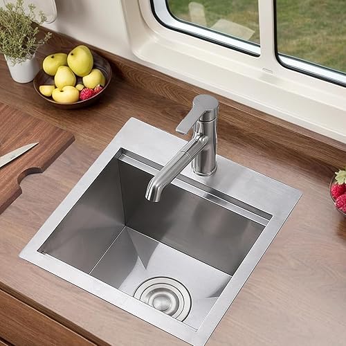 Miniatura 2 de Friho Fregadero de cocina de acero inoxidable de 15 x 15 pulgadas con montaje superior, fregadero de cocina de montaje superior hecho a mano con