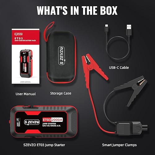 Miniatura 6 de S ZEVZO ET03 - Batería de arranque de coche de 2000 A para motores de gasolina de hasta 7.5 L y 6.5 L, caja de salto portátil de 12 V de 59.2 Wh,