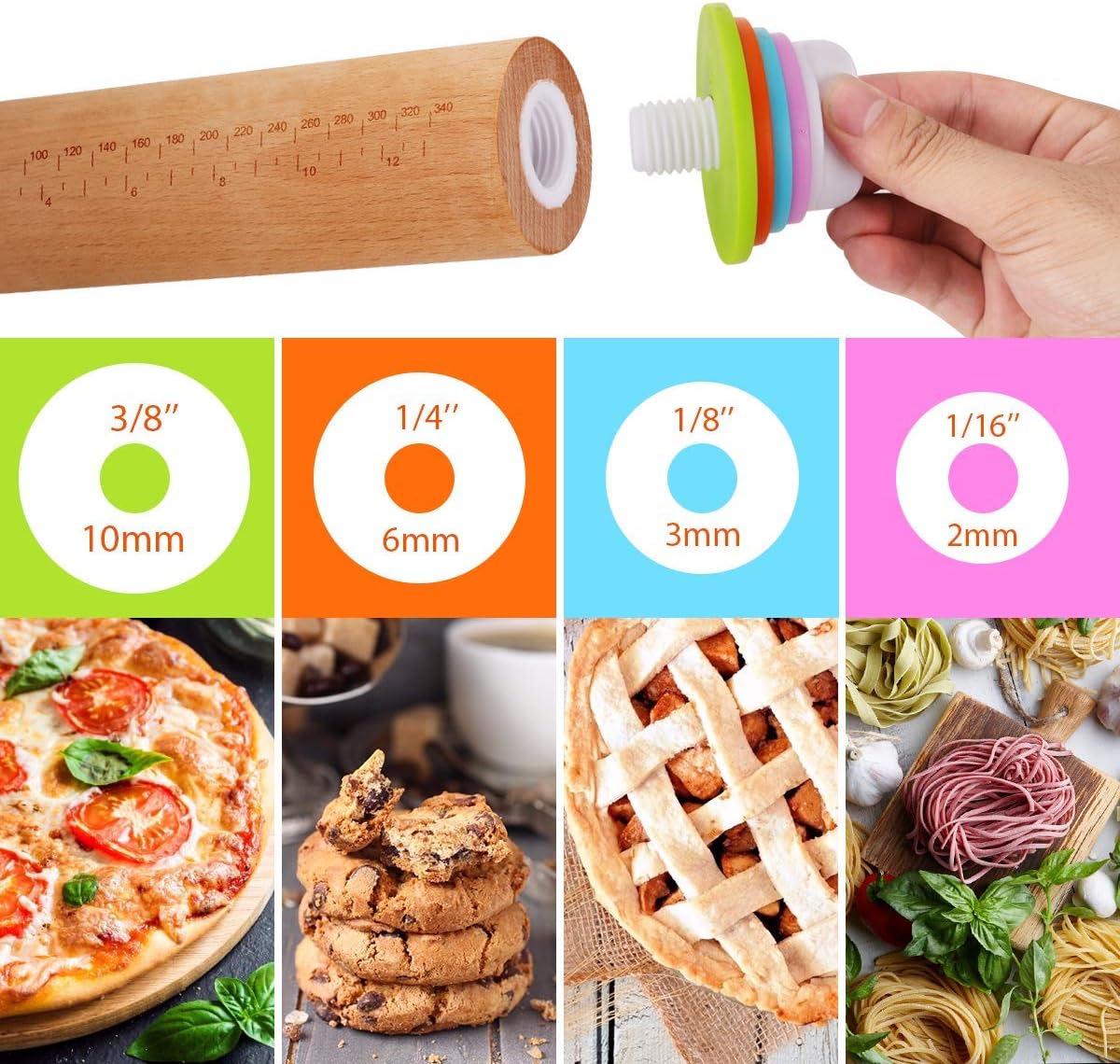 Rolling Pin Adjustable Roller Pin with Silicone Baking Mat, 4 Removable Thickness Rings for Baking Dough, Pizza, Pie, Pastries, Pasta and Cookies, Wood