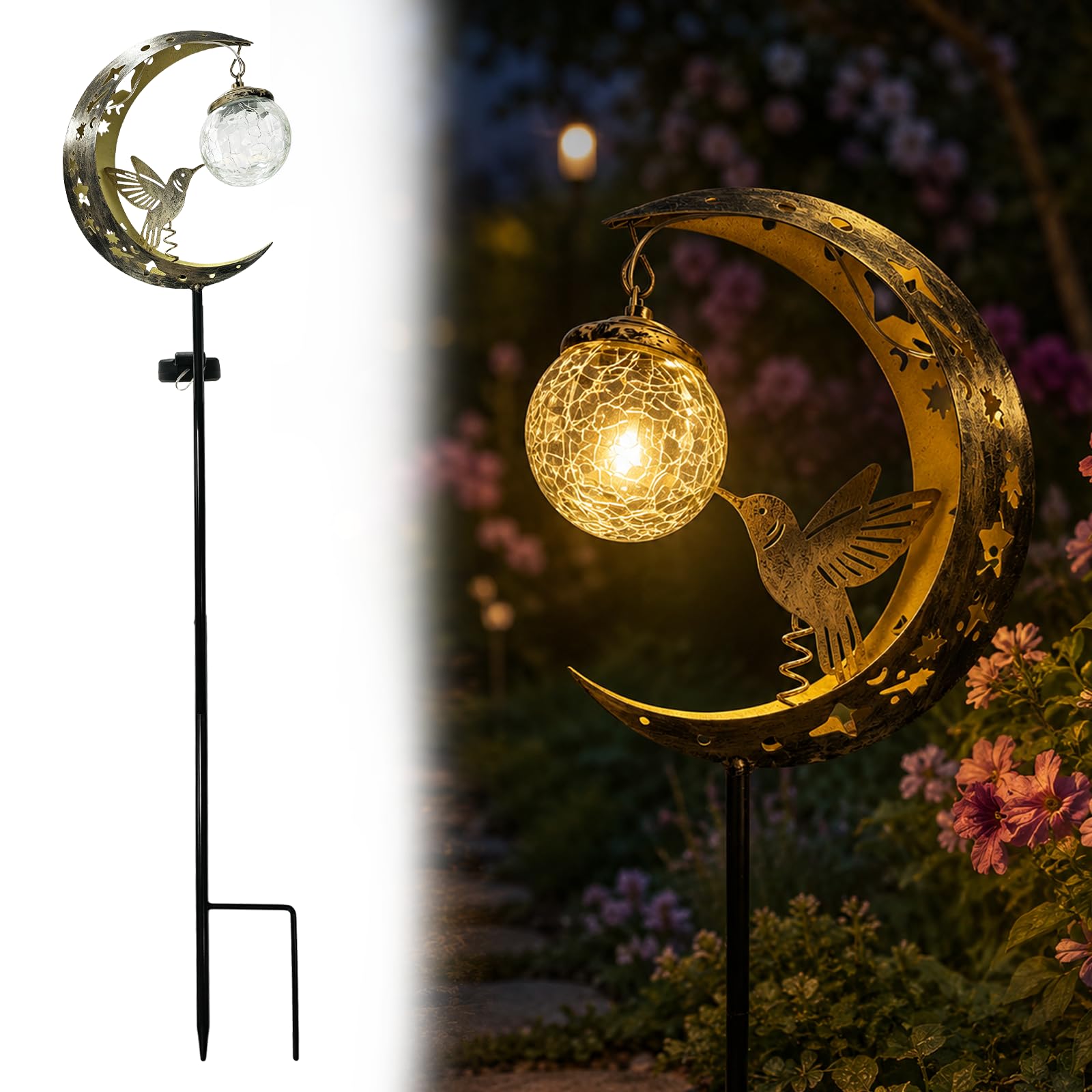 DVDVBOOM Hummingbird Moon Solar Lights Garden, Waterproof Hummingbird Moon Solar Garden Stake Light, Hanging Solar Crackle Glass Globe Warm LED Light, for Outside Yard Pathway Lawn Patio Decor Gifts