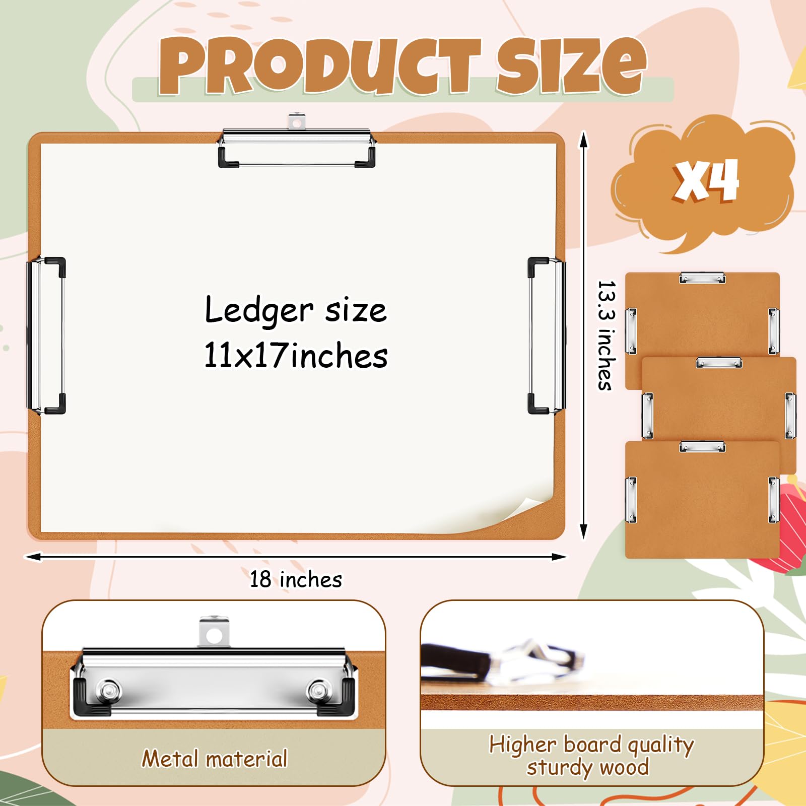 Tenceur Klemmbrett mit drei Clips, robust, extra groß, horizontales Klemmbrett, 28,9 x 43,2 cm, Zeichen-Klemmbrett für Schule, Büro, Zuhause, Studenten, Lehrer, Zubehör (4 Stück, Holzfarbe)