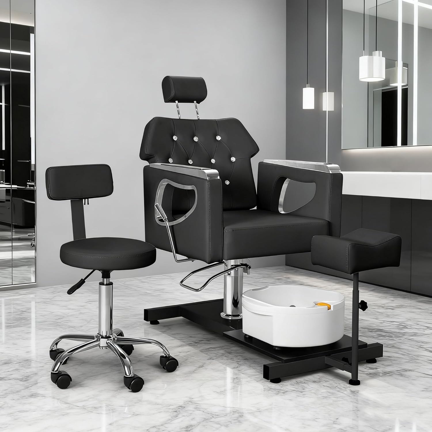 Pedicure Chair No Plumbing, 360° Swivel Hydraulic Reclining Pedicure Chair with Foot Spa & Adjustable Footrest, for Nail Tech, Spa (Silver)