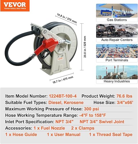 Miniatura 7 de VEVOR Carrete de manguera de combustible, 34 pulgadas x 66 pies, carrete de manguera diésel retráctil extra largo, construcción de acero al carbono