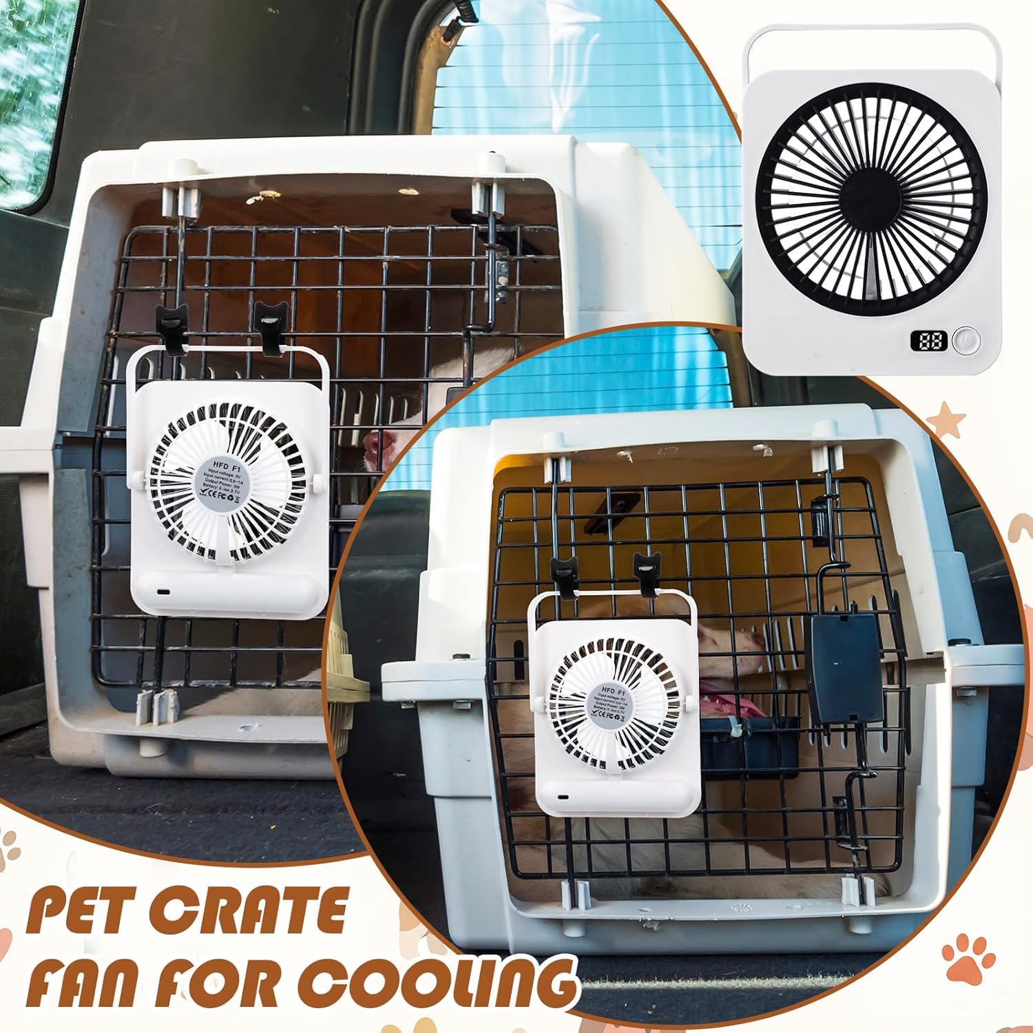 Ventola di raffreddamento per animali domestici, ricaricabile e alimentata tramite USB, ultra silenziosa, a 5 velocità, per gabbie, trasportini e cucce, include fascette riutilizzabili (versione 2025