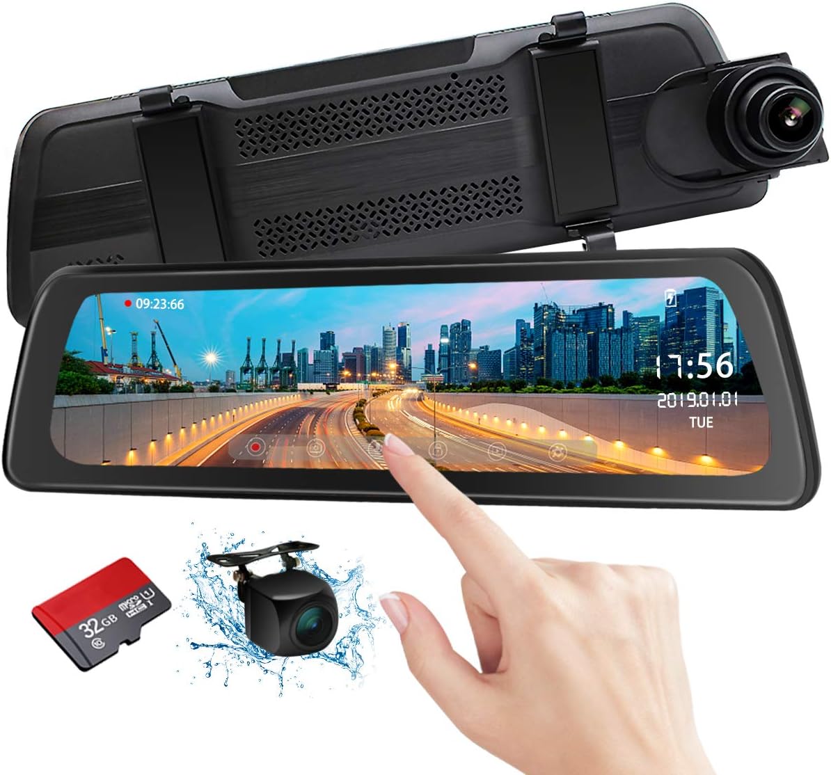 Mirror Dash Cam Backup Camera 9.88" Full HD Touch Screen Car Dash Camera Stream Media Dual Lens 170° 1080P Front and 150°1080P Rear View Camera with G-Sensor PORMIDO,24 Hour Parking,GPS