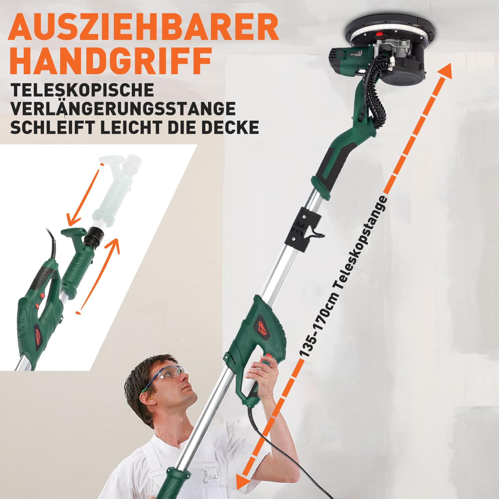 Levigatrice per Cartongesso, 850W Levigatrice per Muro Elettrica con 12 Dischi Abrasivi, 6 Velocità Variabile 800-1750 RPM, con Impugnatura Estensibile, luce LED, Tubo per la Polvere Lungo