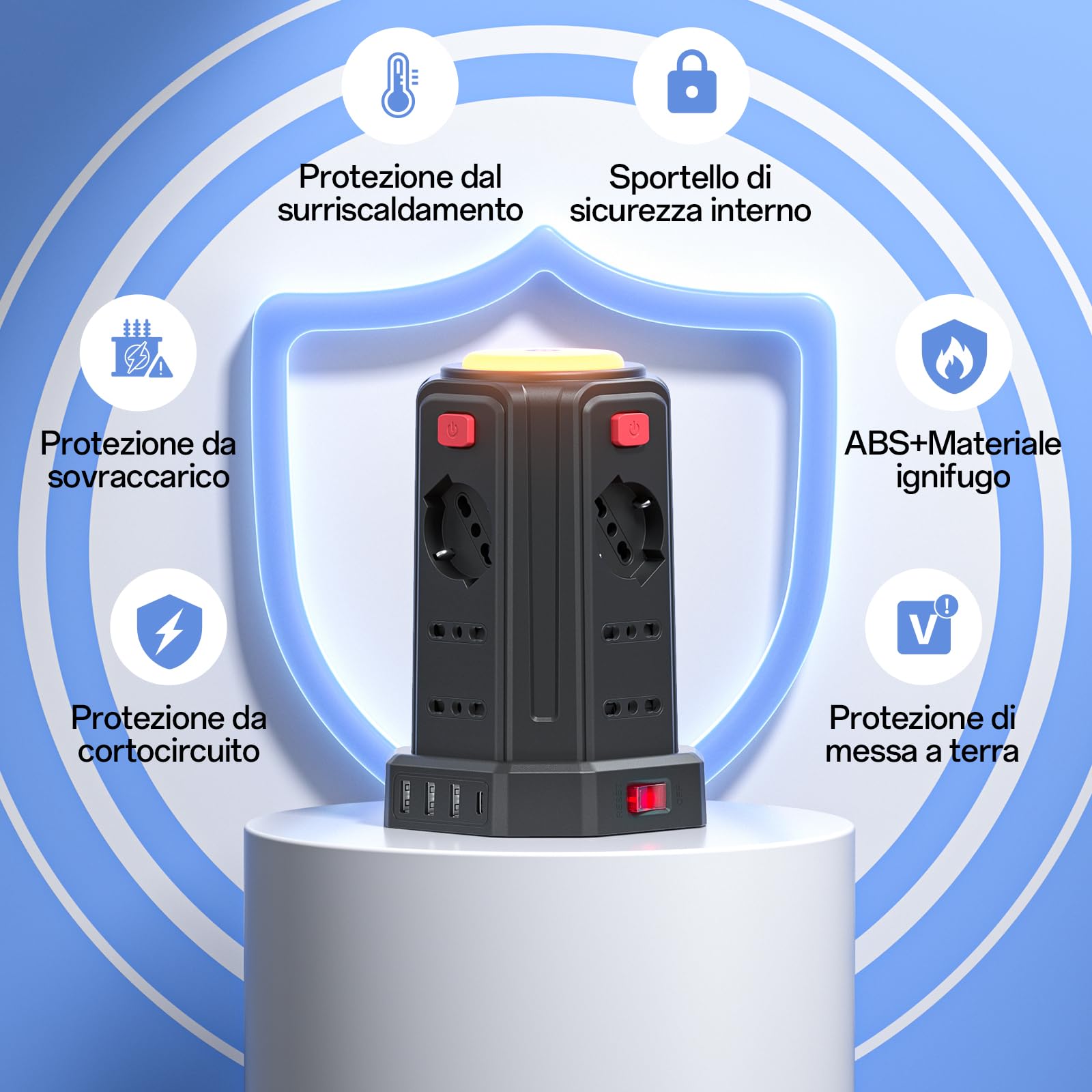 3 m Steckdosenleiste mit Nachtlicht 12 Universalsteckdosen 10/16 A ITA und Schuko und 3 USB A + 1 USB C Überspannungsschutz mit 4 unabhängigen Schaltern für Büro, Zuhause