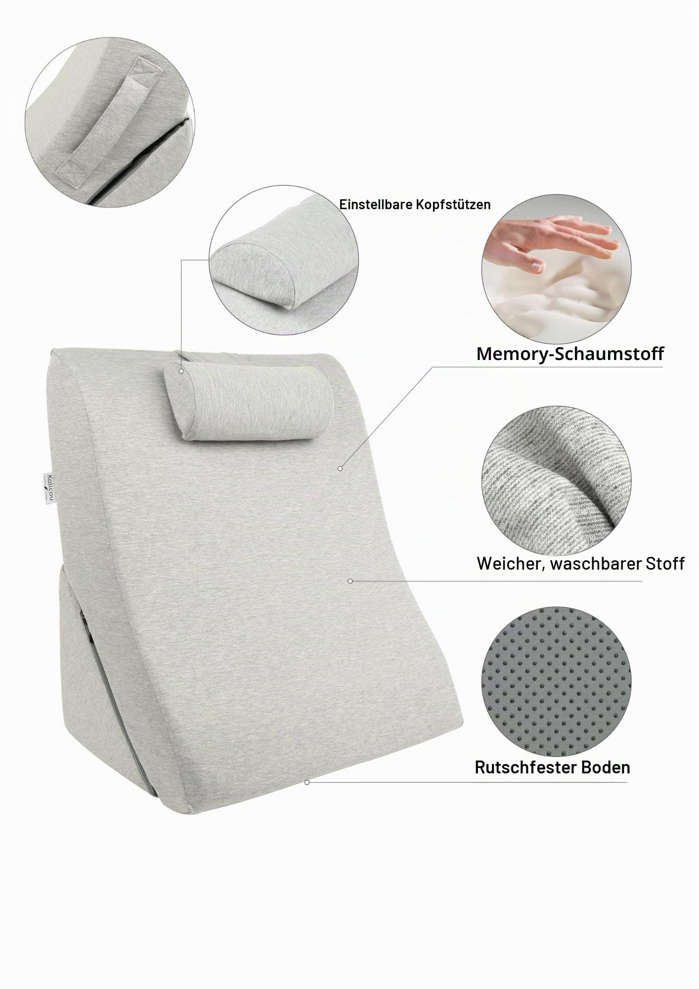 Lesekissen – Rückenkissen, verstellbare Kopfstütze, Memory-Schaum, abnehmbarer Bezug, atmungsaktiv & rutschfest, Griff – dreieckig für Rücken, Hals & Beine – 60 x 50 x 30 cm