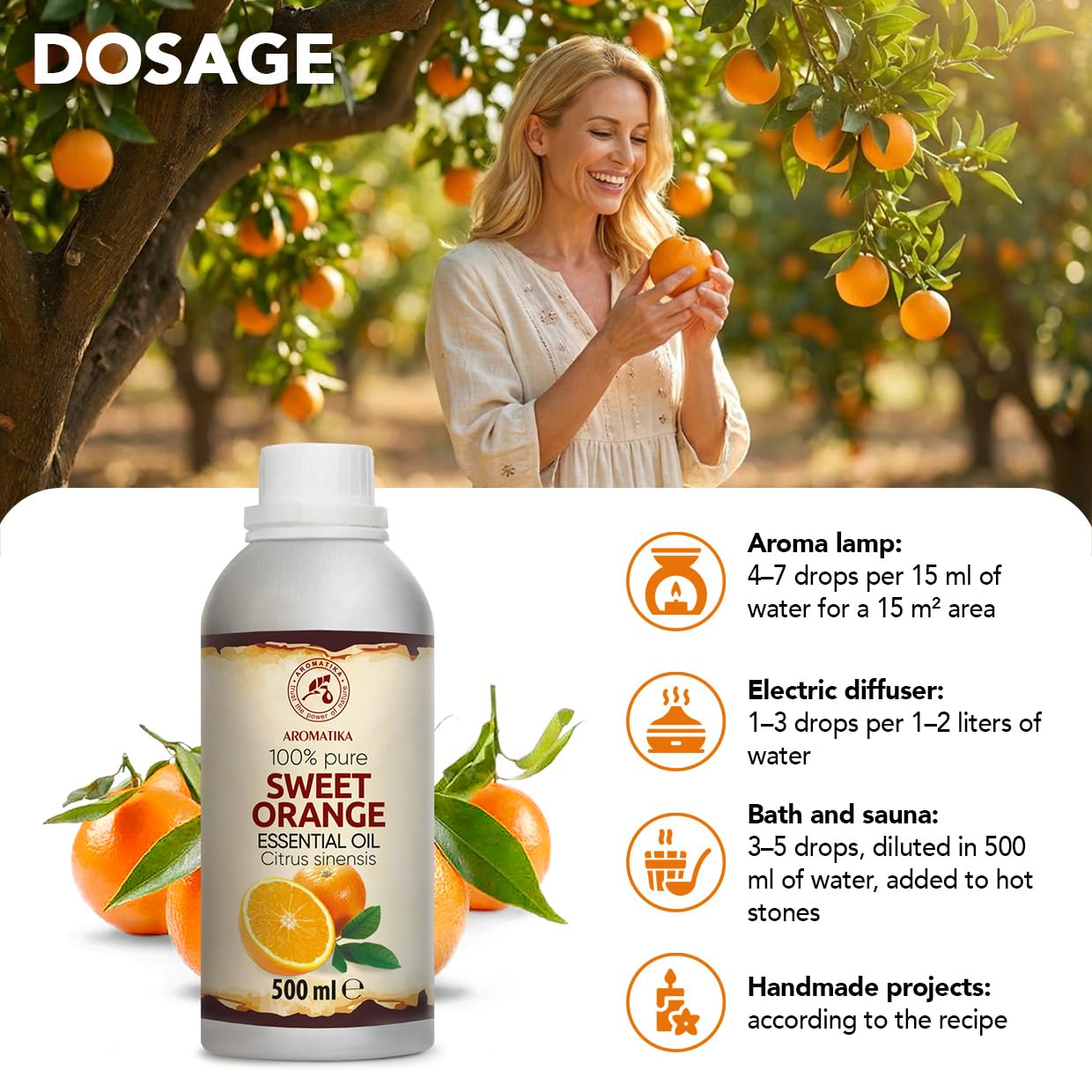 Olejek Eteryczny Ze Słodkiej Pomarańczy 500 ml - Citrus Sinensis - Olejek Pomarańczowy do Dyfuzora - Zapach Cytrusów - Aromaterapia - Świece Zapachowe - Mydła - Odświeżanie Powietrza