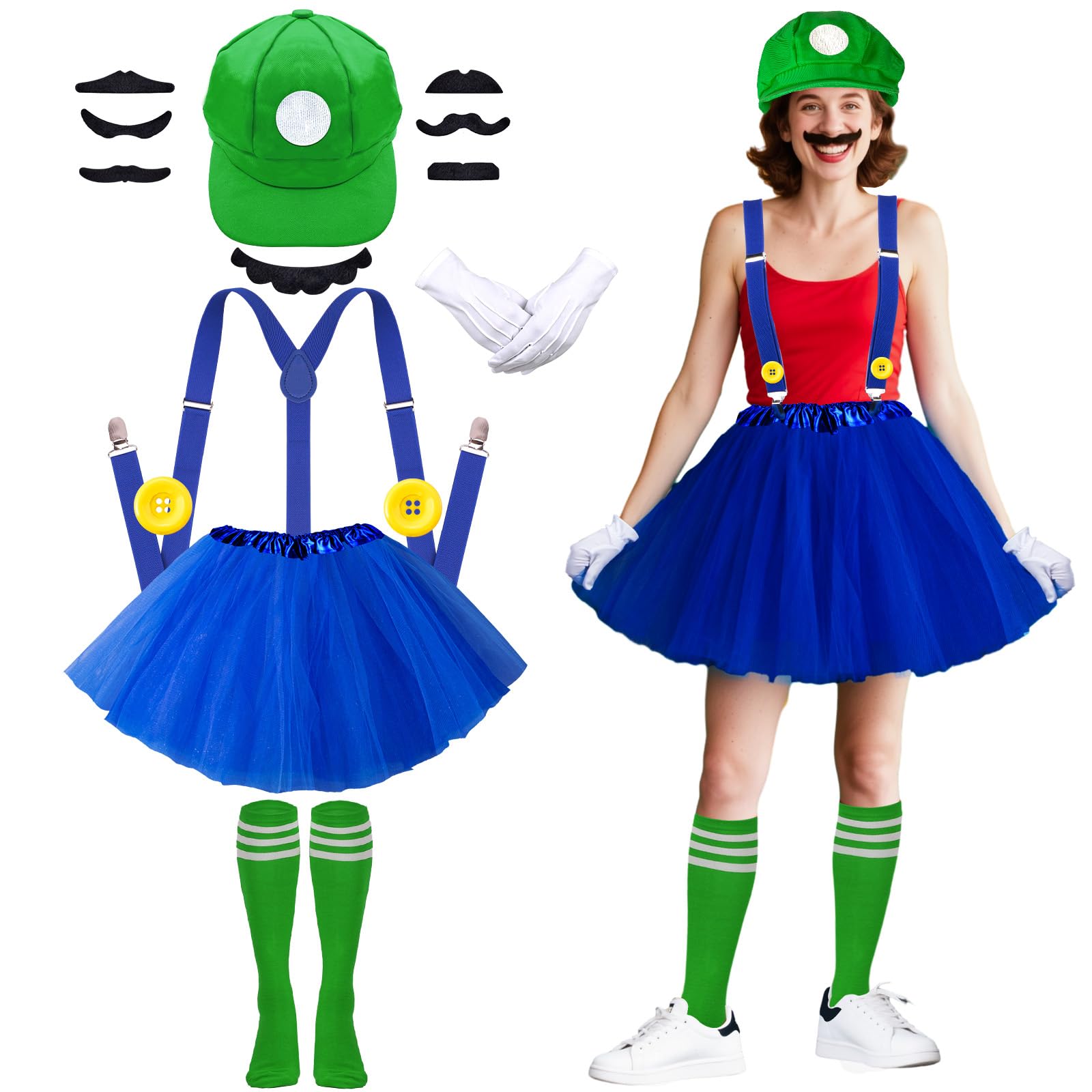 C3 Halloween Costumes Adult Women, Super Bros Costume Funny Halloween Costumes Accessories Hats, Tutu Skirt ,Gloves, Suspenders, Buttons, Mustaches Cosplay Fancy Dress Party Set for Girls Boys