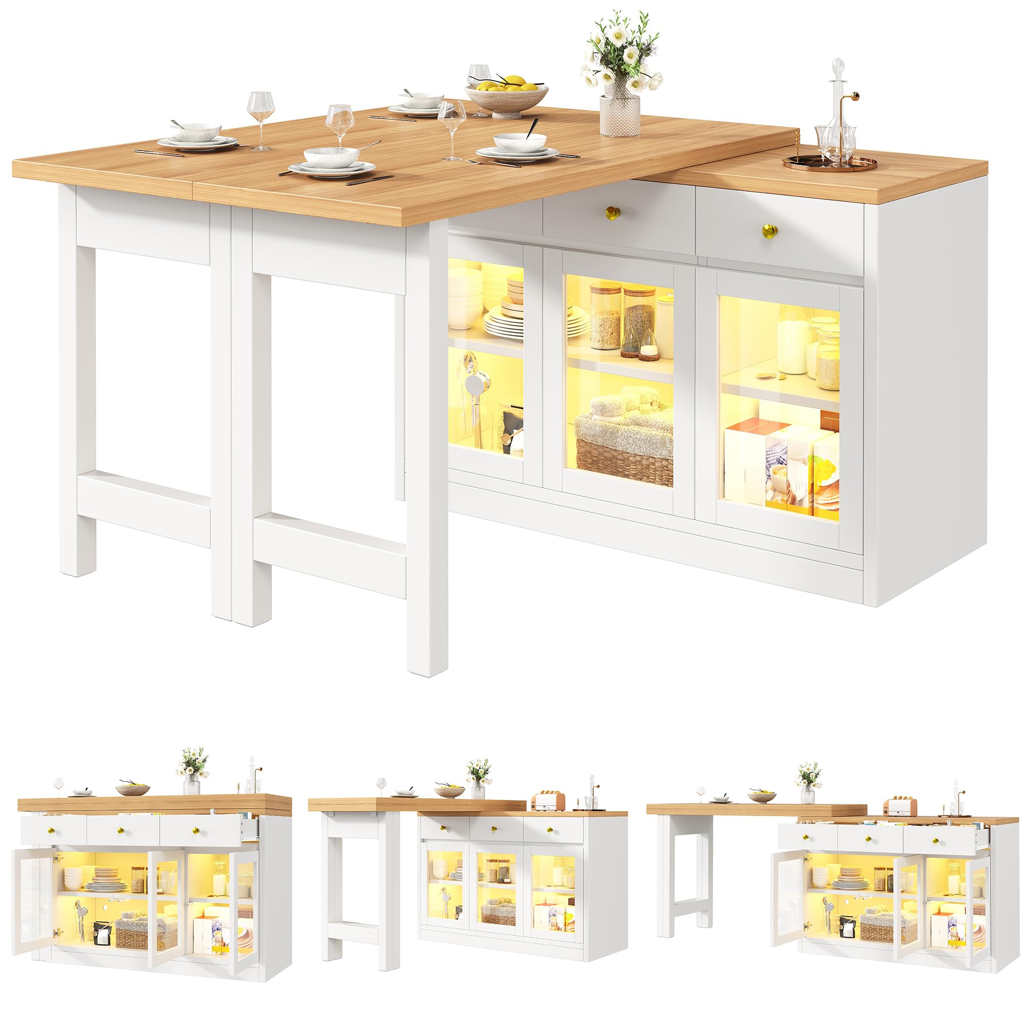 Tavolo da pranzo telescopico 120-200 cm, Isola cucina con illuminazione a LED, Tavolo da bar con 3 cassetti e ante in vetro, controllo tramite app, Bianco