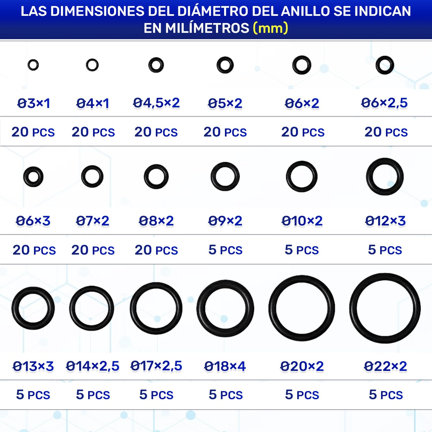 Juego de 225 Piezas Juntas Toricas de Goma NBR - Diámetro 3-22 mm, Rango -50°C a 125°C - MONTERAL