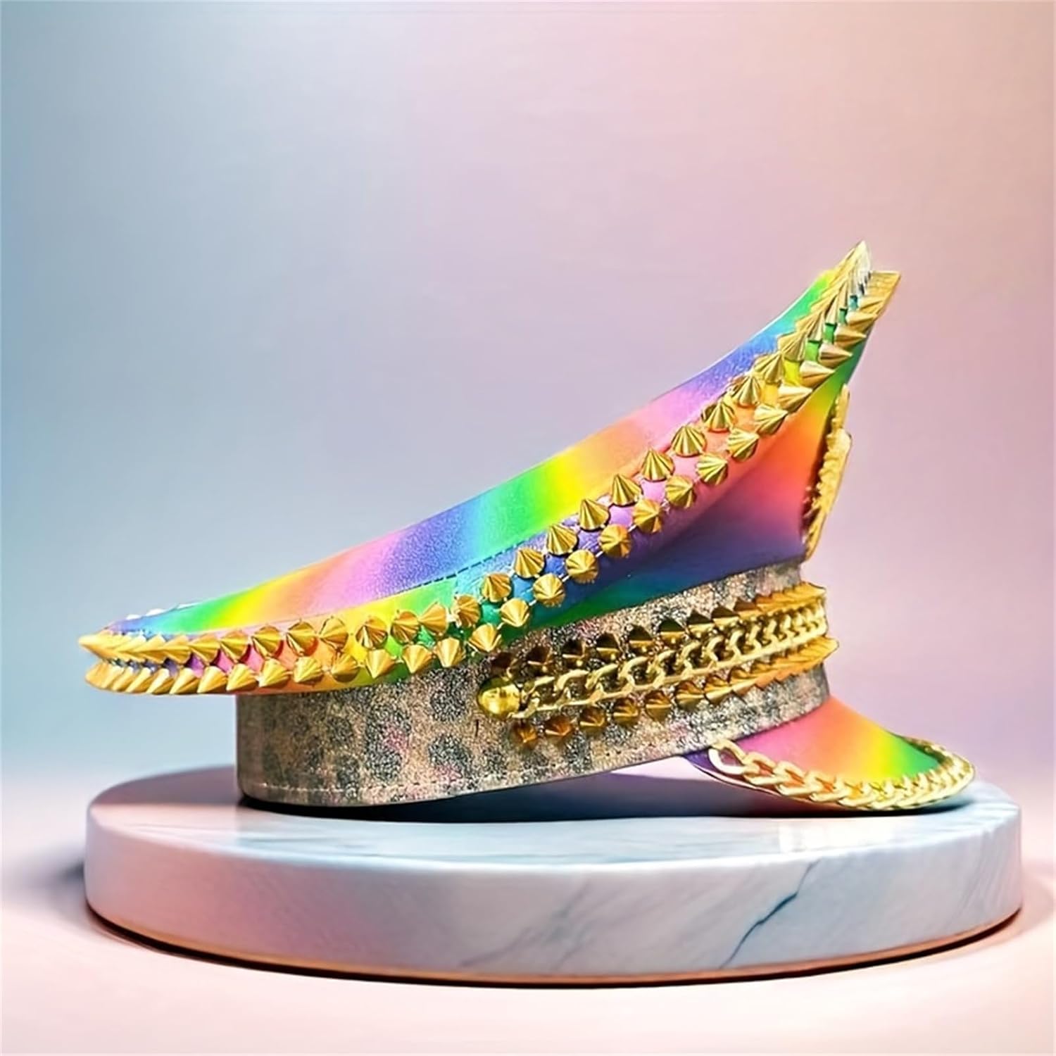 Rainbow Pattern Bucket Hat with Decorative Rhinestones Rivets for Big Head Size Ensuring Comfortable Wear Festival Hat
