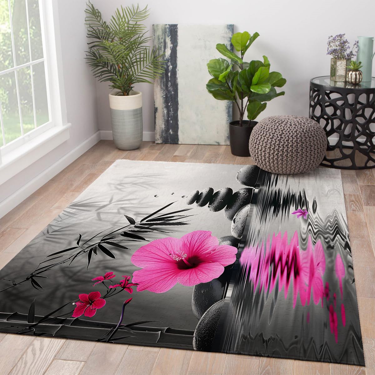 Tapis de salon lavable et doux en bambou rose fleuri 150x240cm