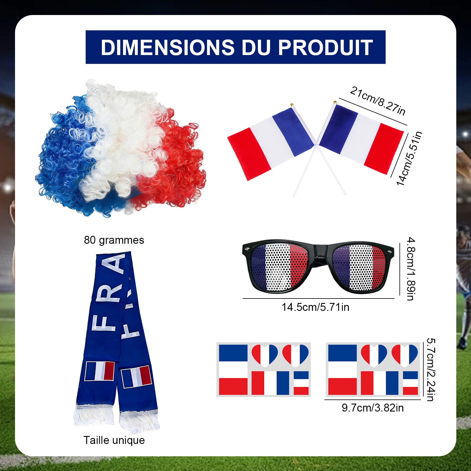 Kit Supporter France 7 Pièces, Football Accessoire avec Lunettes Écharpe Perruque et Drapeau pour Coupe du Monde 2026 Fête Garçons Filles au Stade