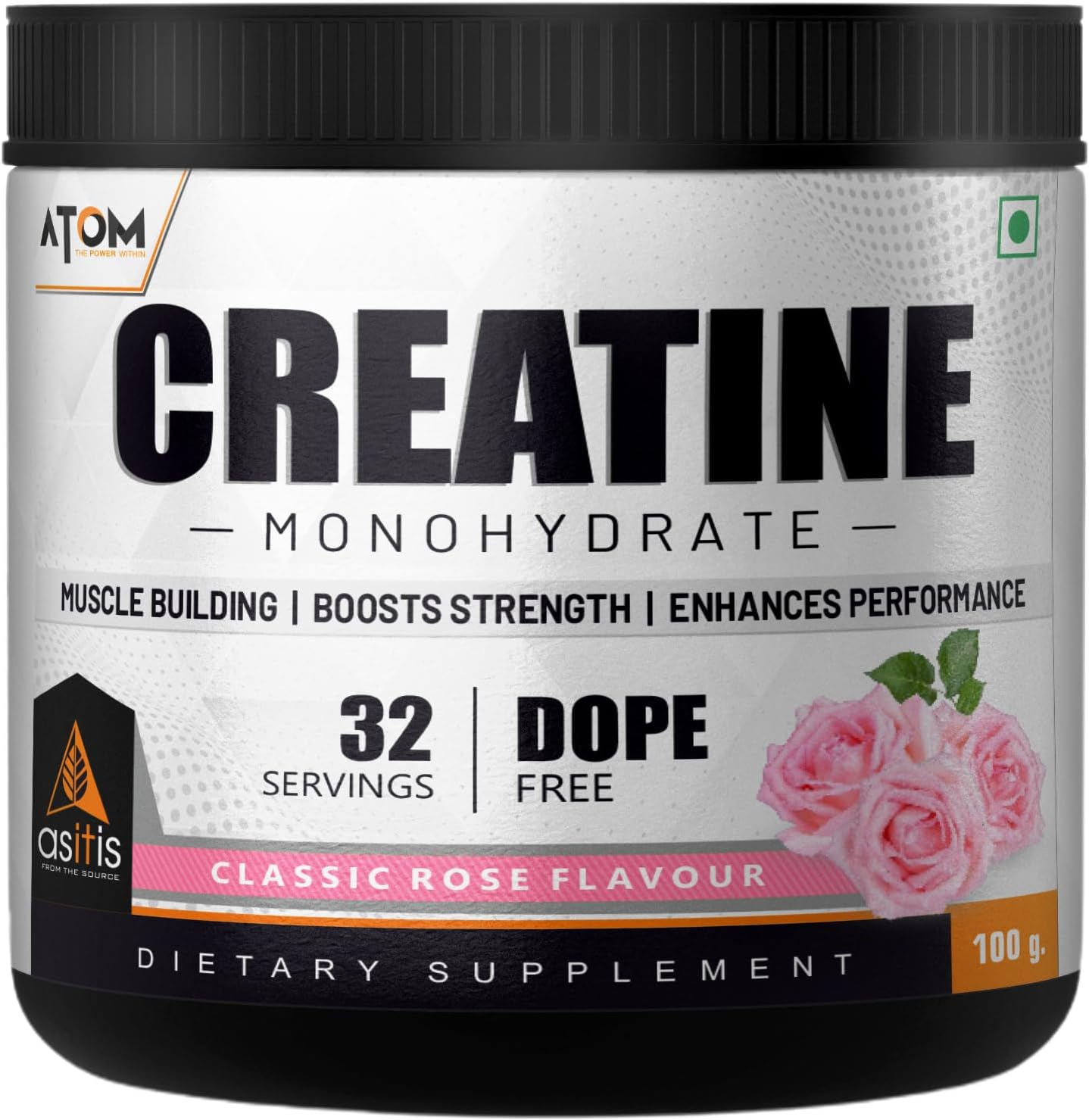 AS-IT-IS ATOM Creatine Monohydrate 100g - 32 Servings, Classic Rose, Dope free, Enhances Performance, Promotes Muscle Gains